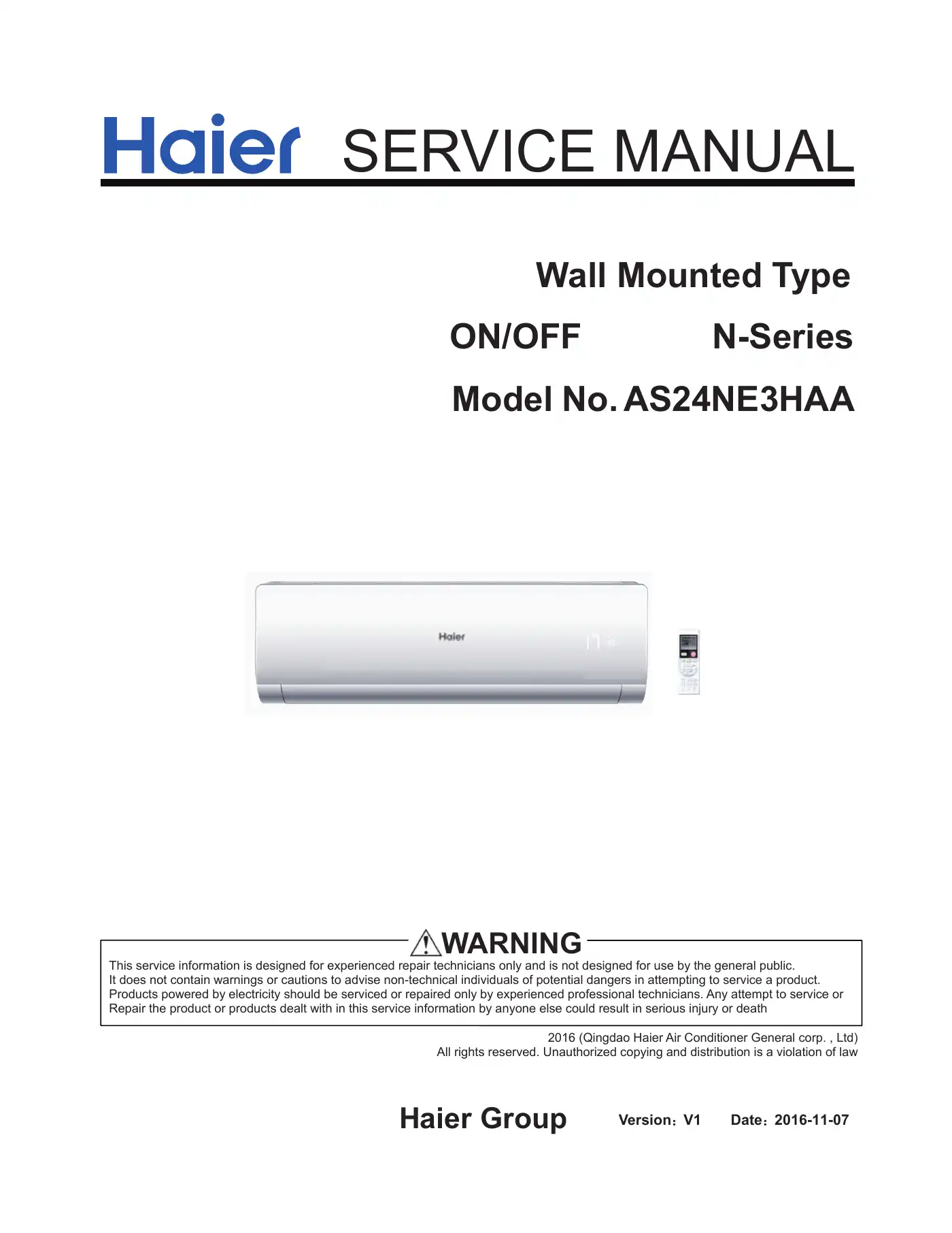 Haier AS24NE3HAA Service Manual Manual pdf 1 page image