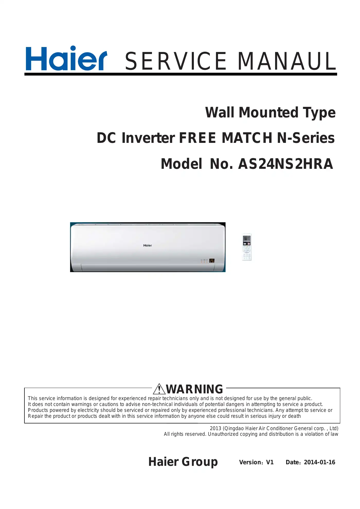 Haier AS24NS2HRA Service Manual Manual pdf 1 page image