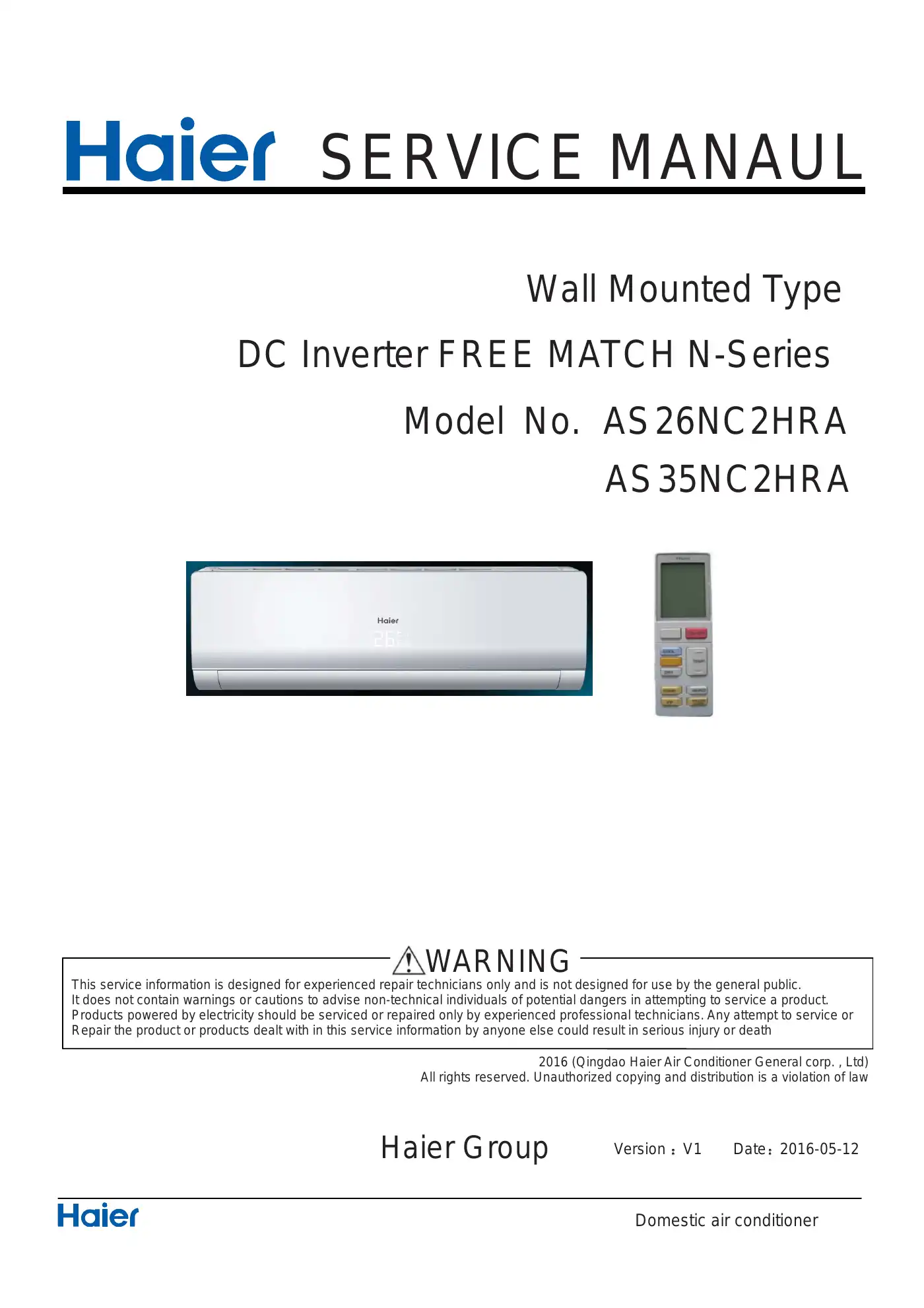 Haier AS26NC2HRA Service Manual Manual pdf 1 page image
