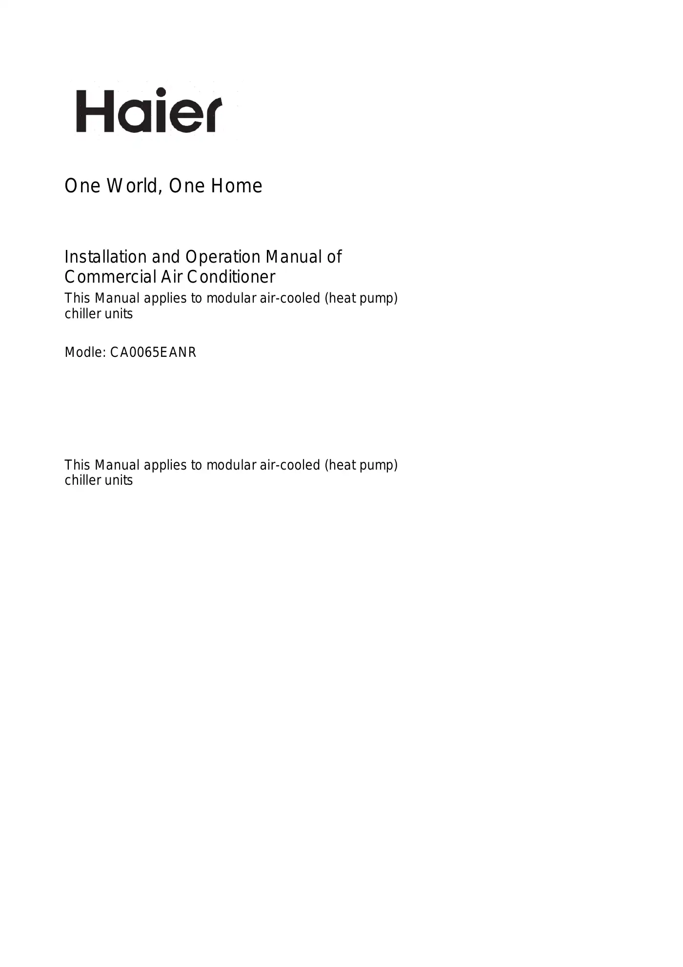 Haier CA0065EANR Installation And Operation Manual Manual pdf 1 page image
