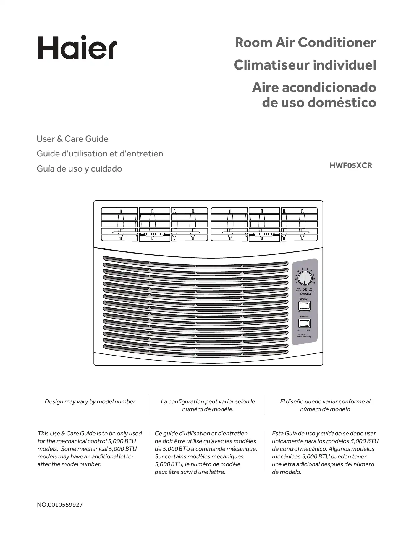 Haier HWF05XCR User & Care Manual Manual pdf 1 page image