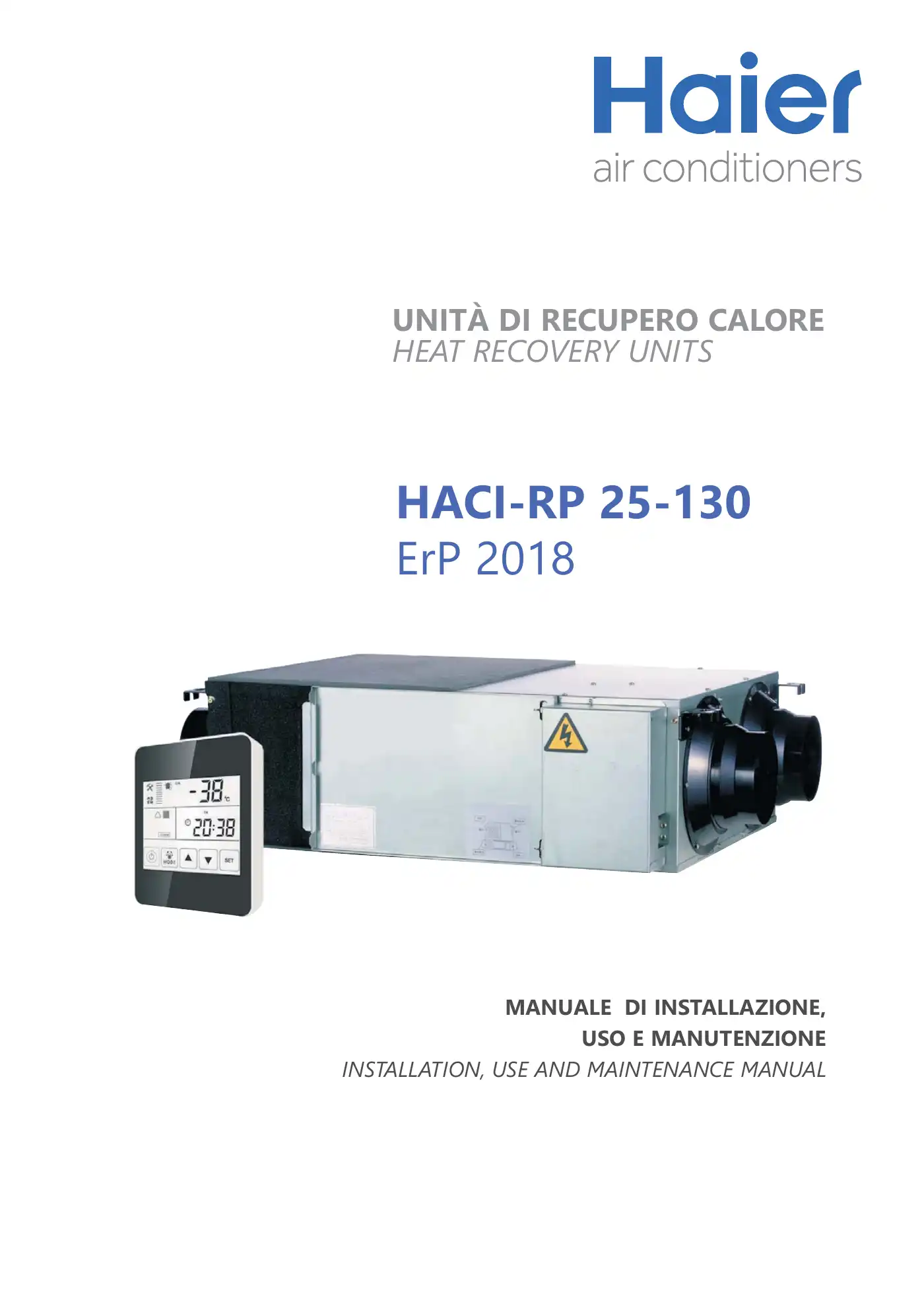 Haier HACI-RP Series Instructions For Installation, Use And Maintenance Manual Manual pdf 1 page image