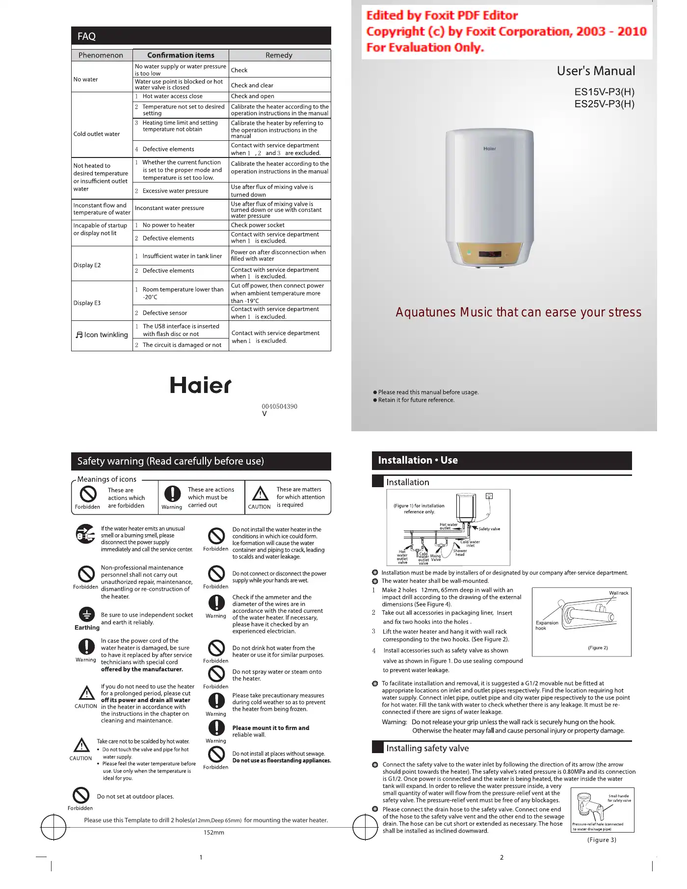 Haier ES15V-P3 User Manual Manual pdf 1 page image