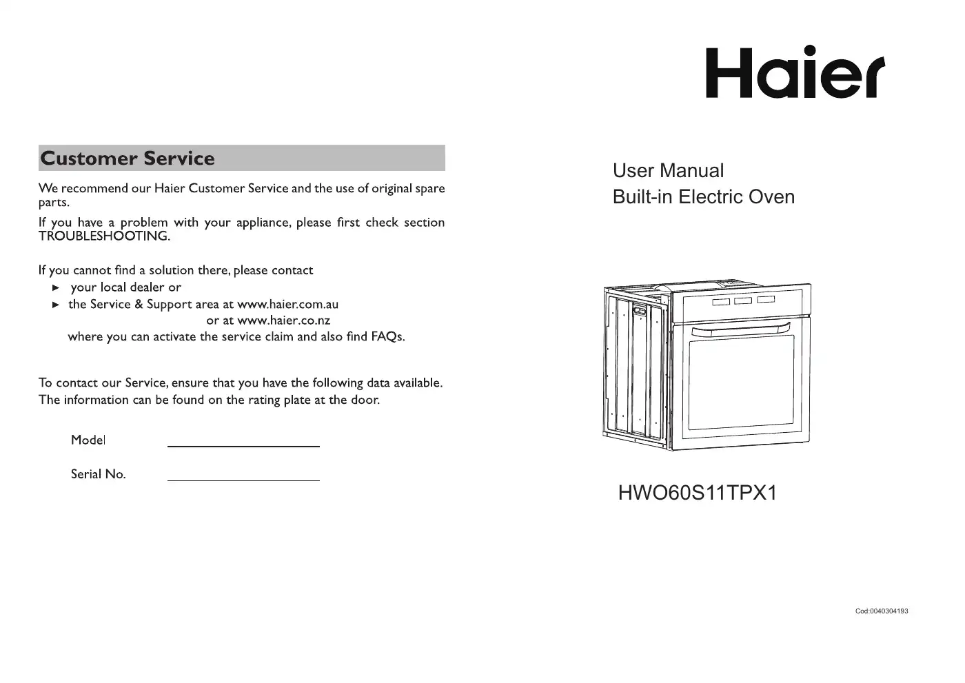 Haier HWO60S11TPX1 User Manual Manual pdf 1 page image