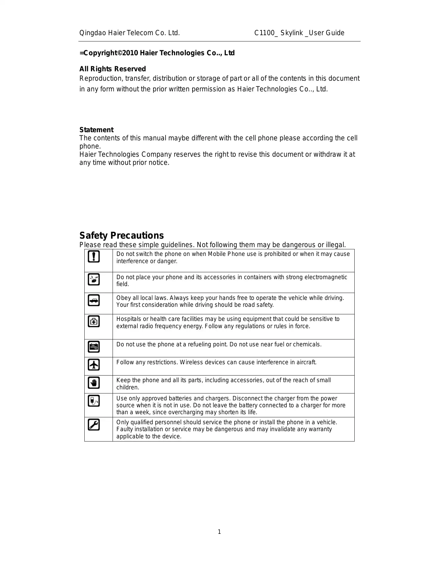 Haier C1100 SKYLINK User Manual Manual pdf 1 page image