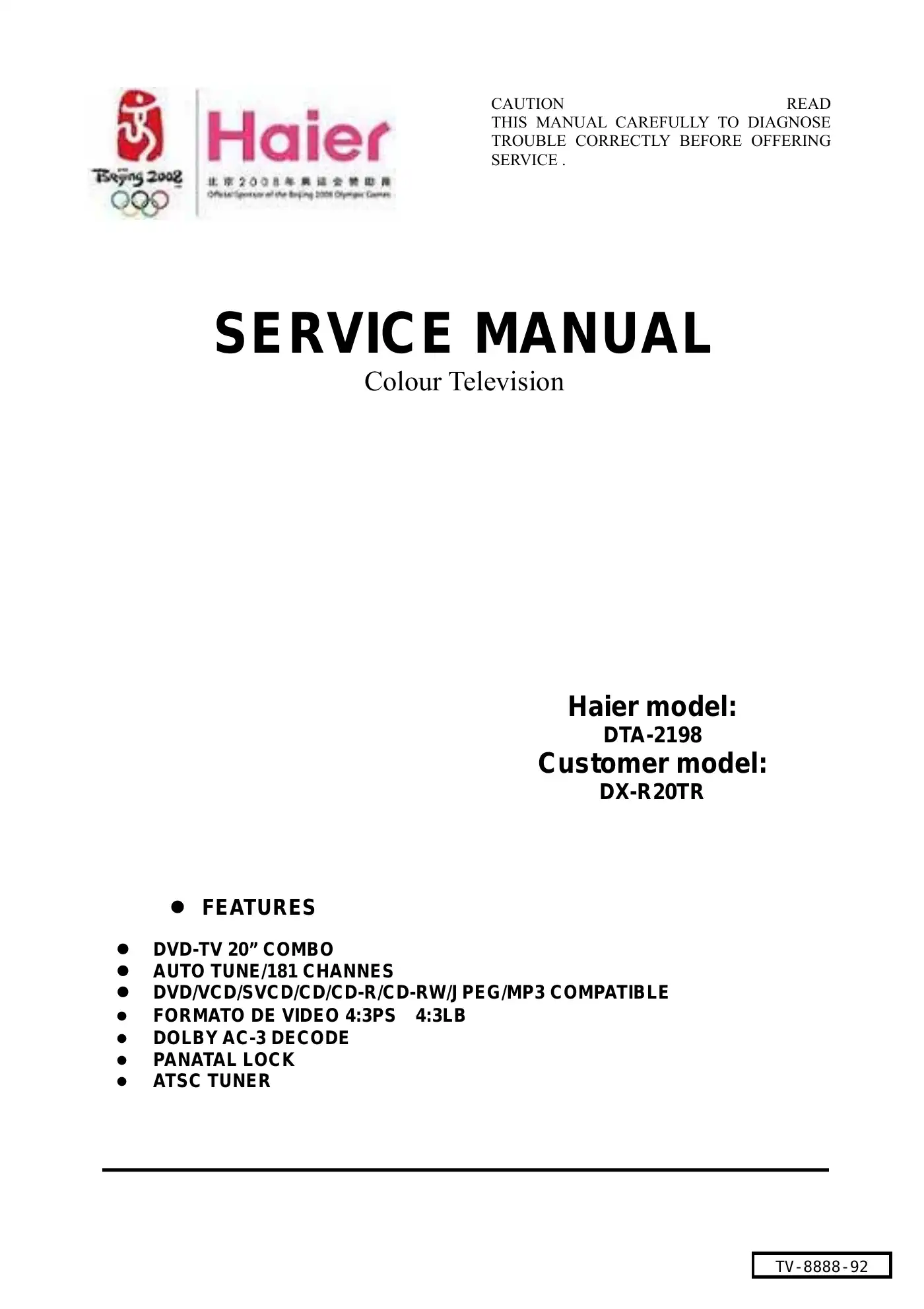 Haier DTA-2198 Service Manual Manual pdf 1 page image