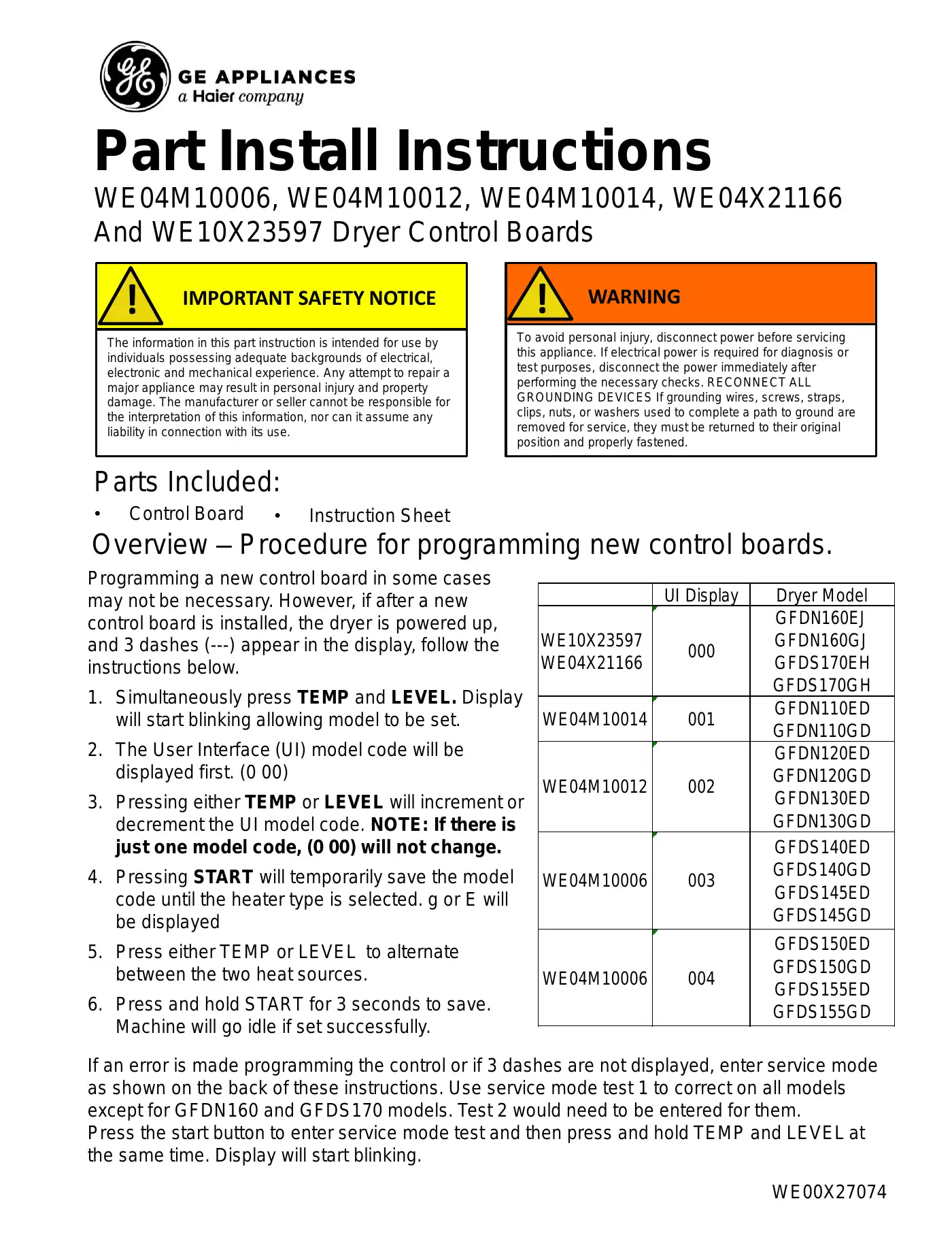 Haier GE WE04M10006 Part Install Instructions Manual pdf 1 page image
