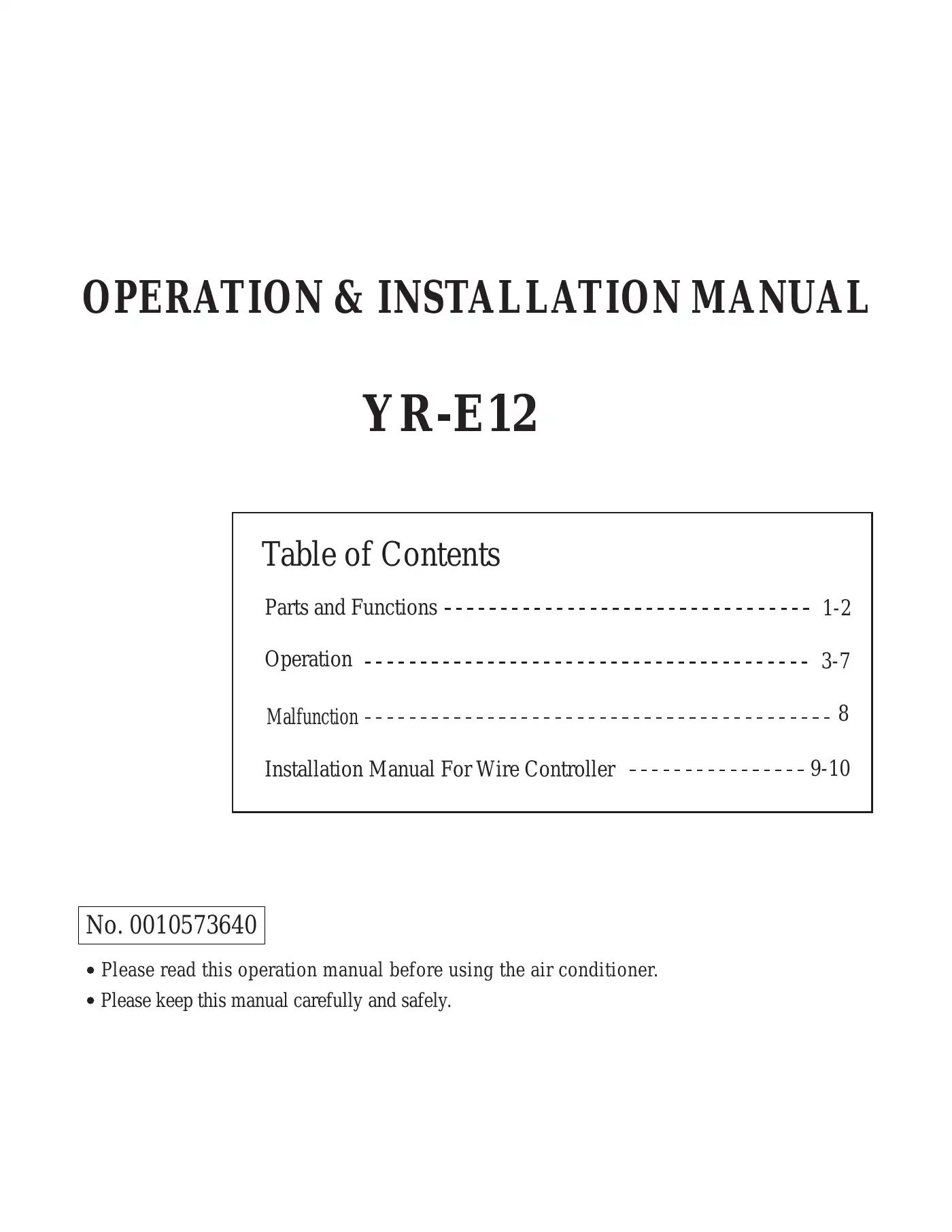 Haier YR-E12 Operation & Installation Manual Manual pdf 1 page image