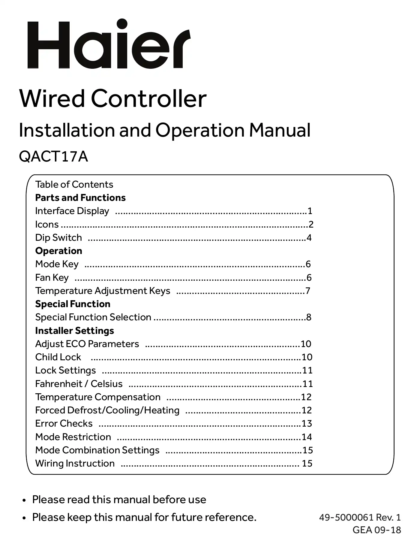 Haier QACT17A Installation And Operation Manual Manual pdf 1 page image
