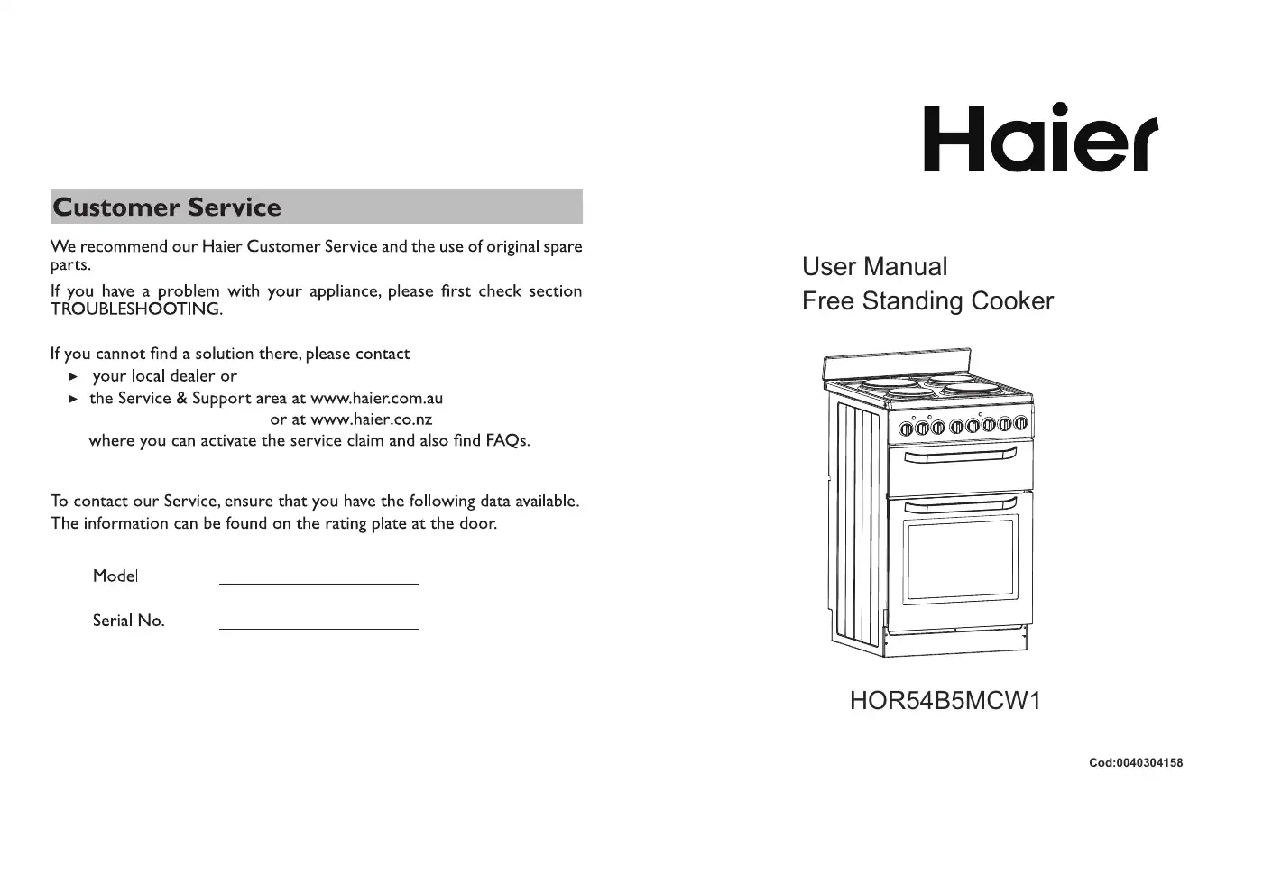 Haier HOR54B5M User Manual Manual pdf 1 page image