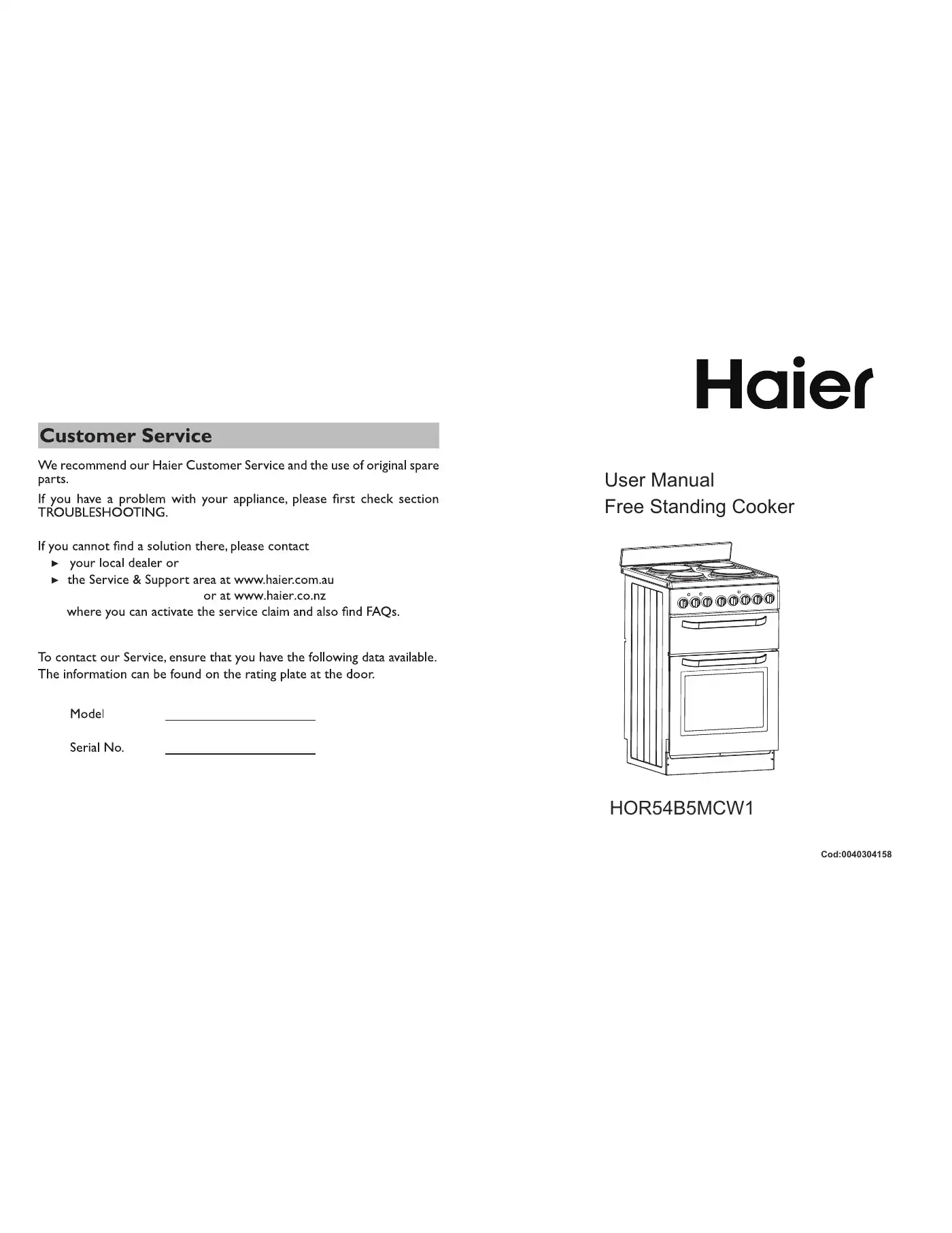 Haier HOR54B5MCW1 User Manual Manual pdf 1 page image