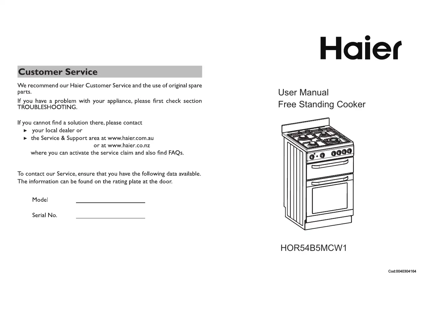 Haier HOR54B5MCW1 User Manual Manual pdf 1 page image