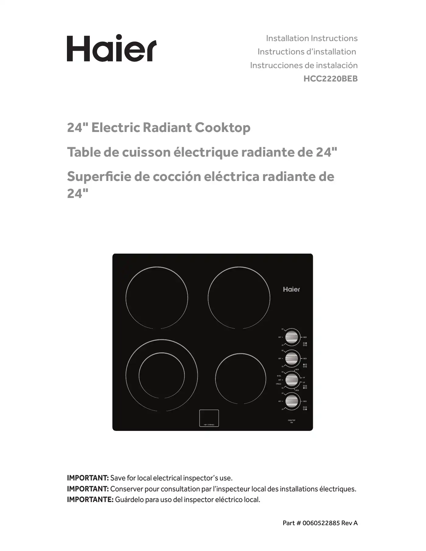 Haier HCC2220BEB Installation Instructions Manual Manual pdf 1 page image
