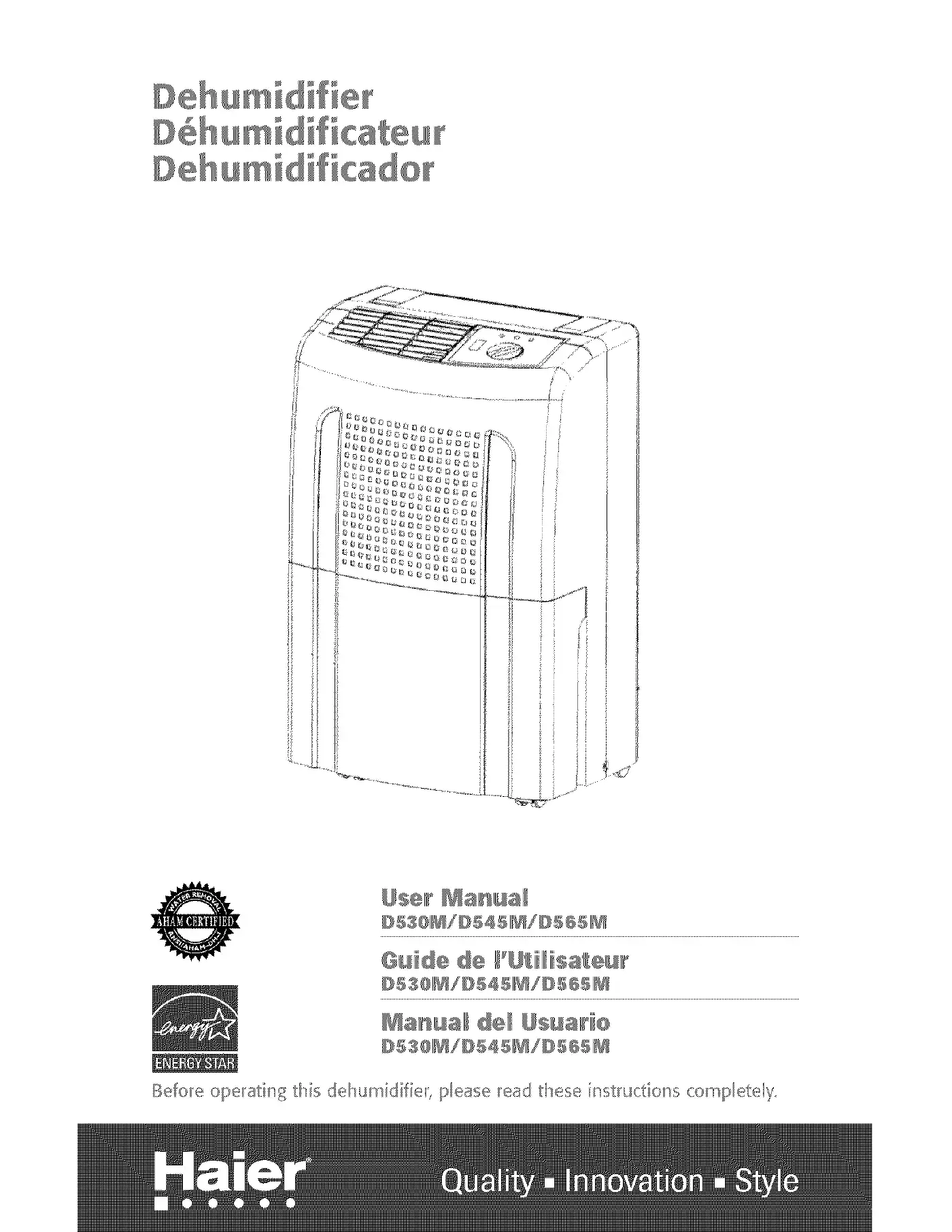 Haier D530M - 30 Pint 1 Spd LOWTEMP User Manual Manual pdf 1 page image