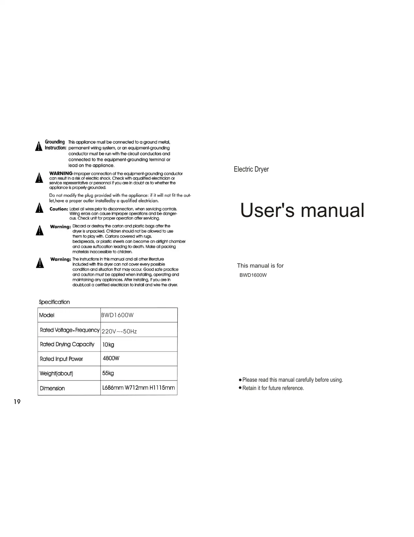 Haier BWD1600W User Manual Manual pdf 1 page image