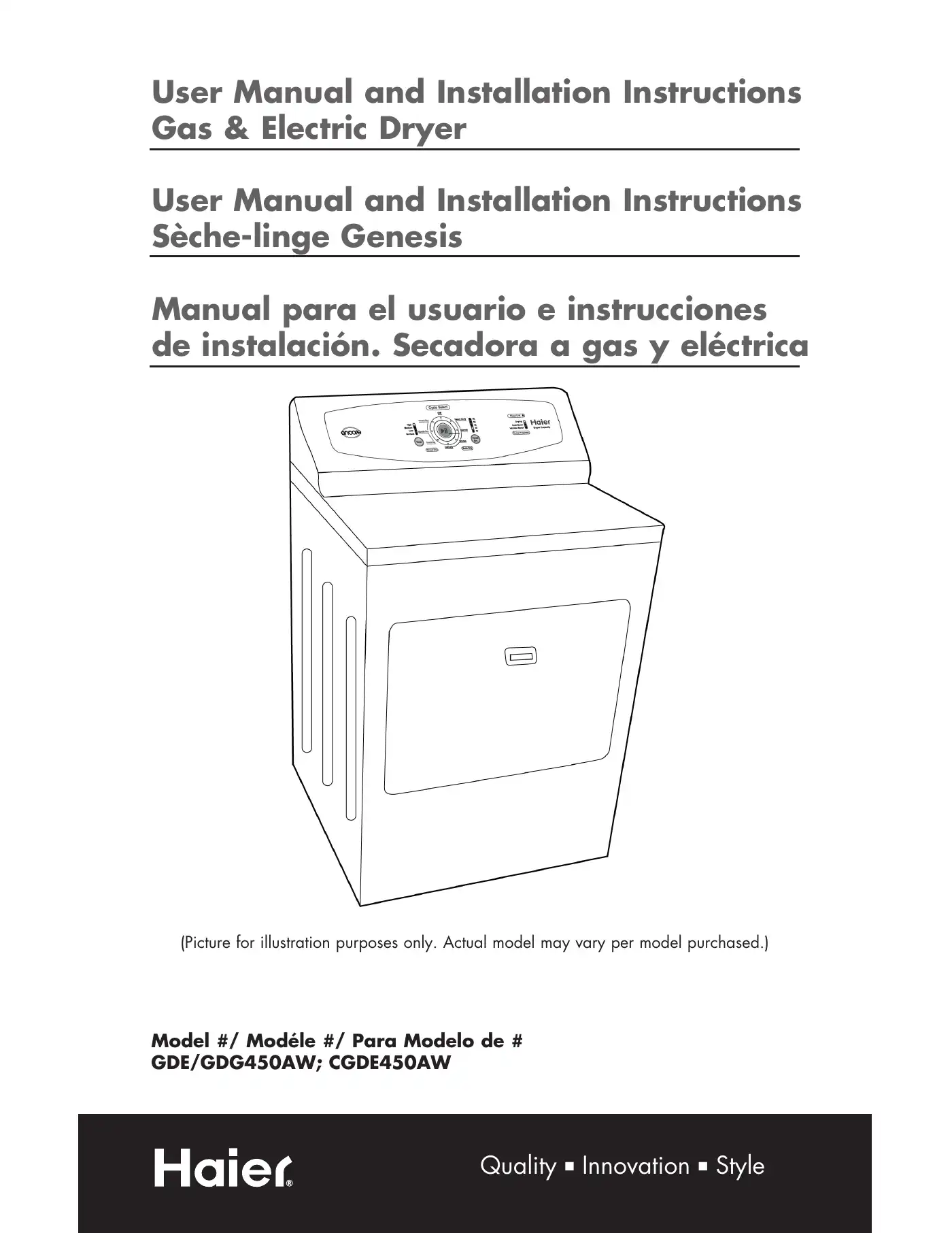 Haier CGDE450AW User Manual And Installation Instructions Manual pdf 1 page image