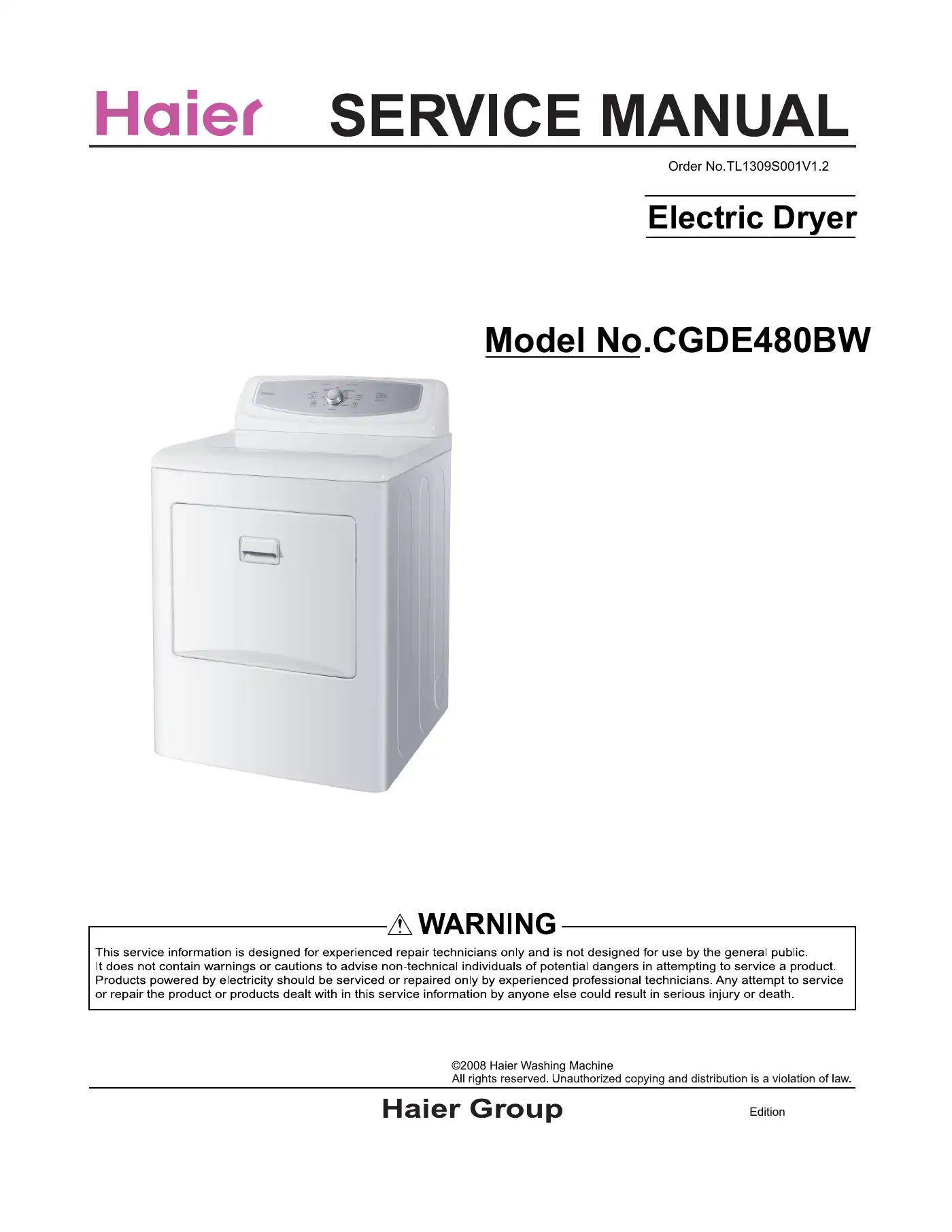 Haier CGDE480BW Service Manual Manual pdf 1 page image
