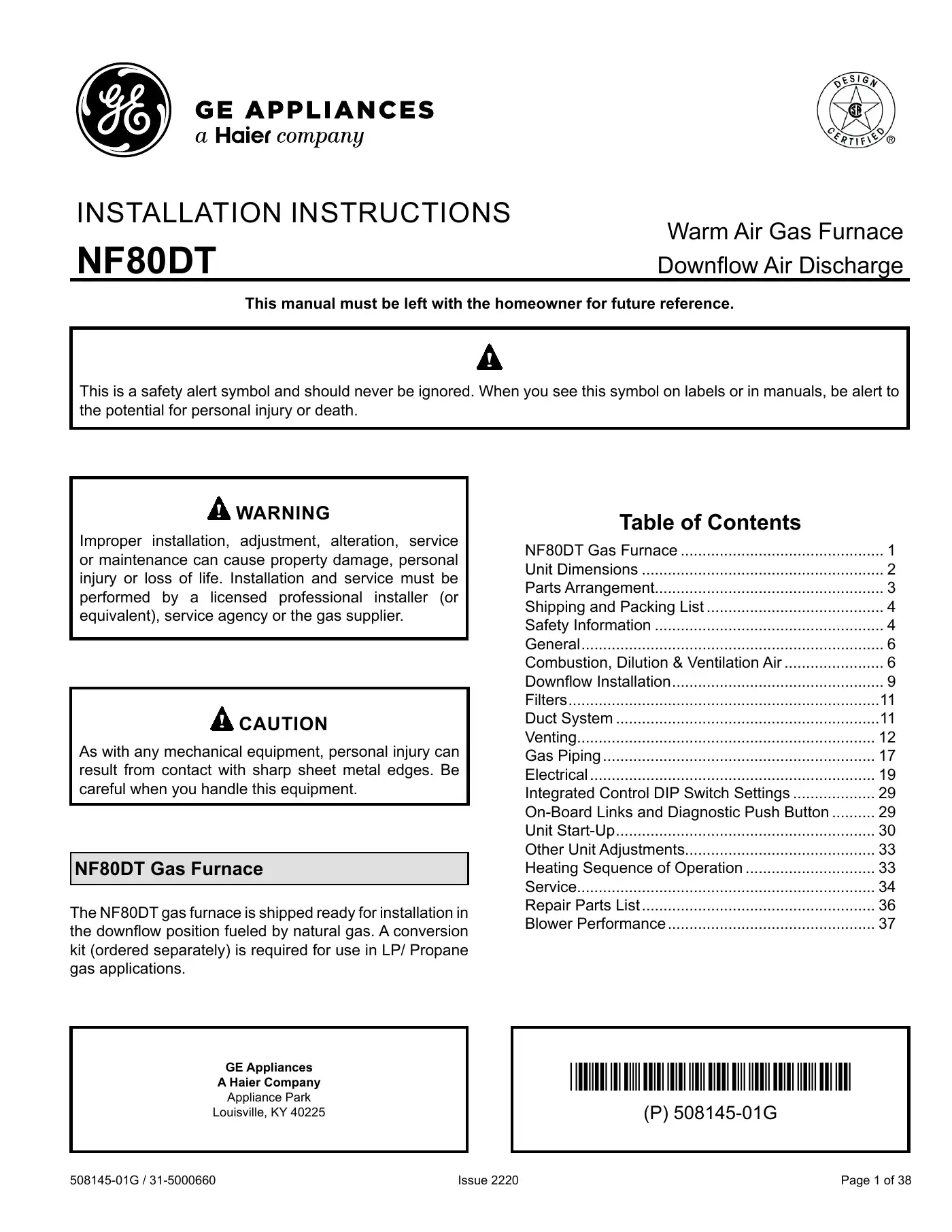 Haier GE NF80DT Installation Instructions Manual Manual pdf 1 page image