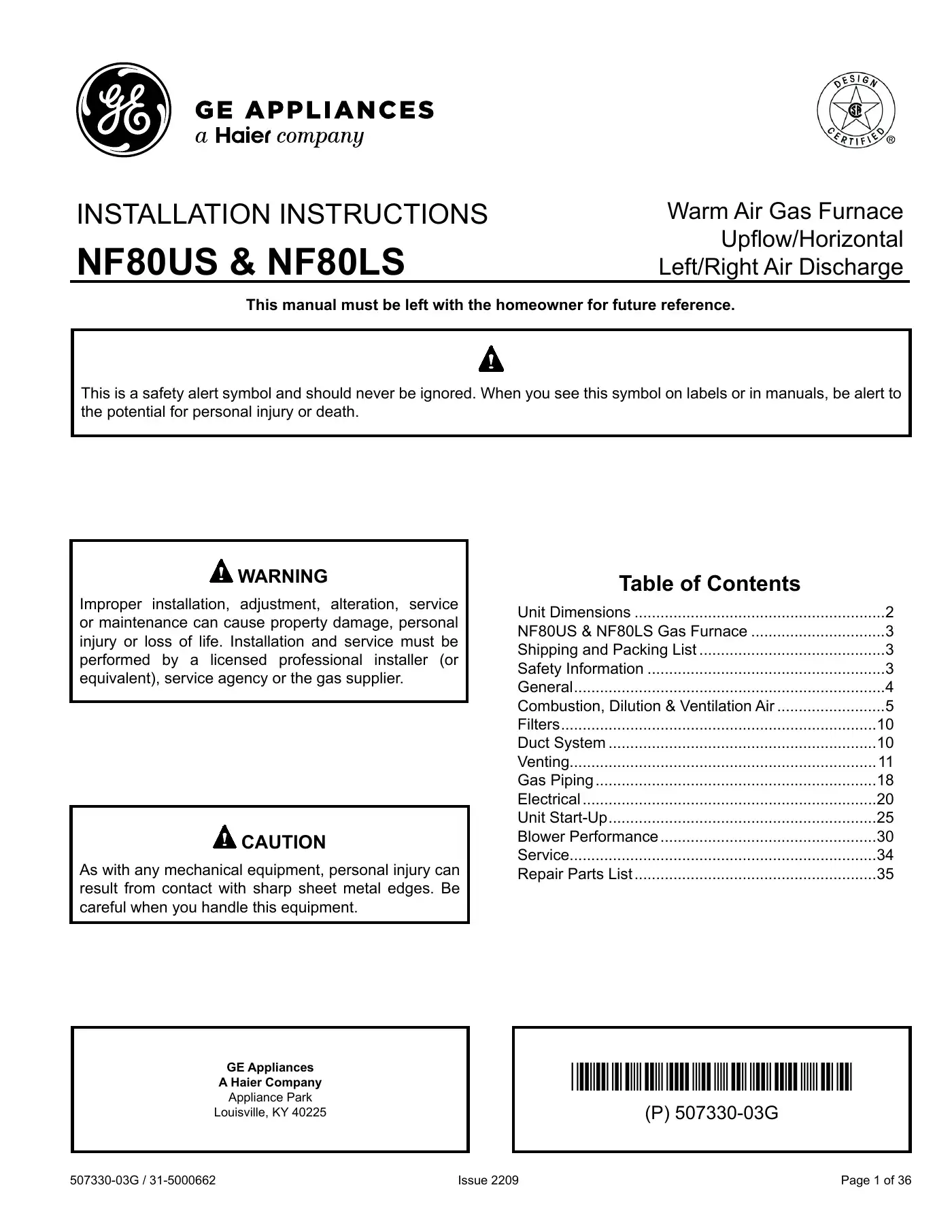 Haier GE NF80US Installation Instructions Manual Manual pdf 1 page image