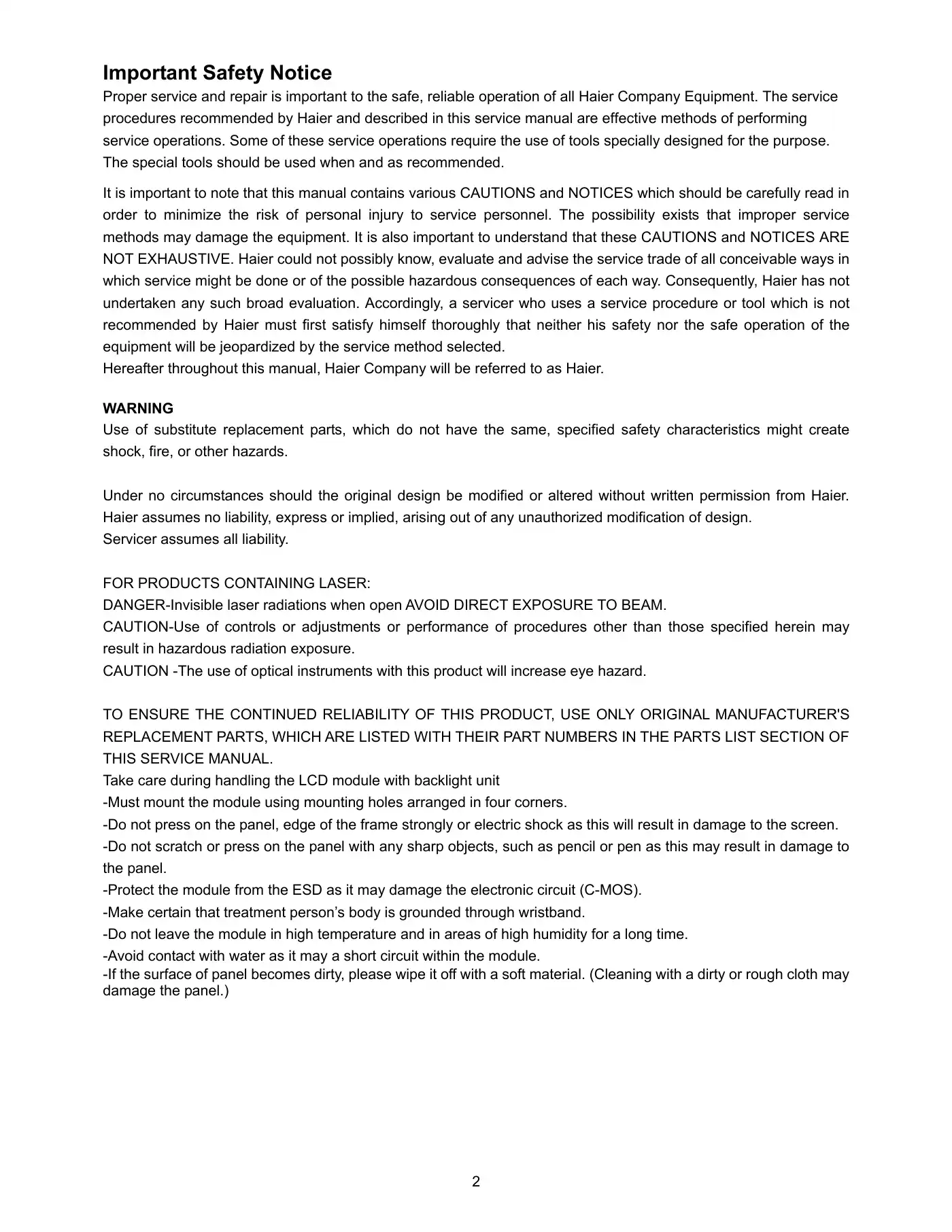 Haier LE43B7600A Service Manual Manual pdf 2 page image