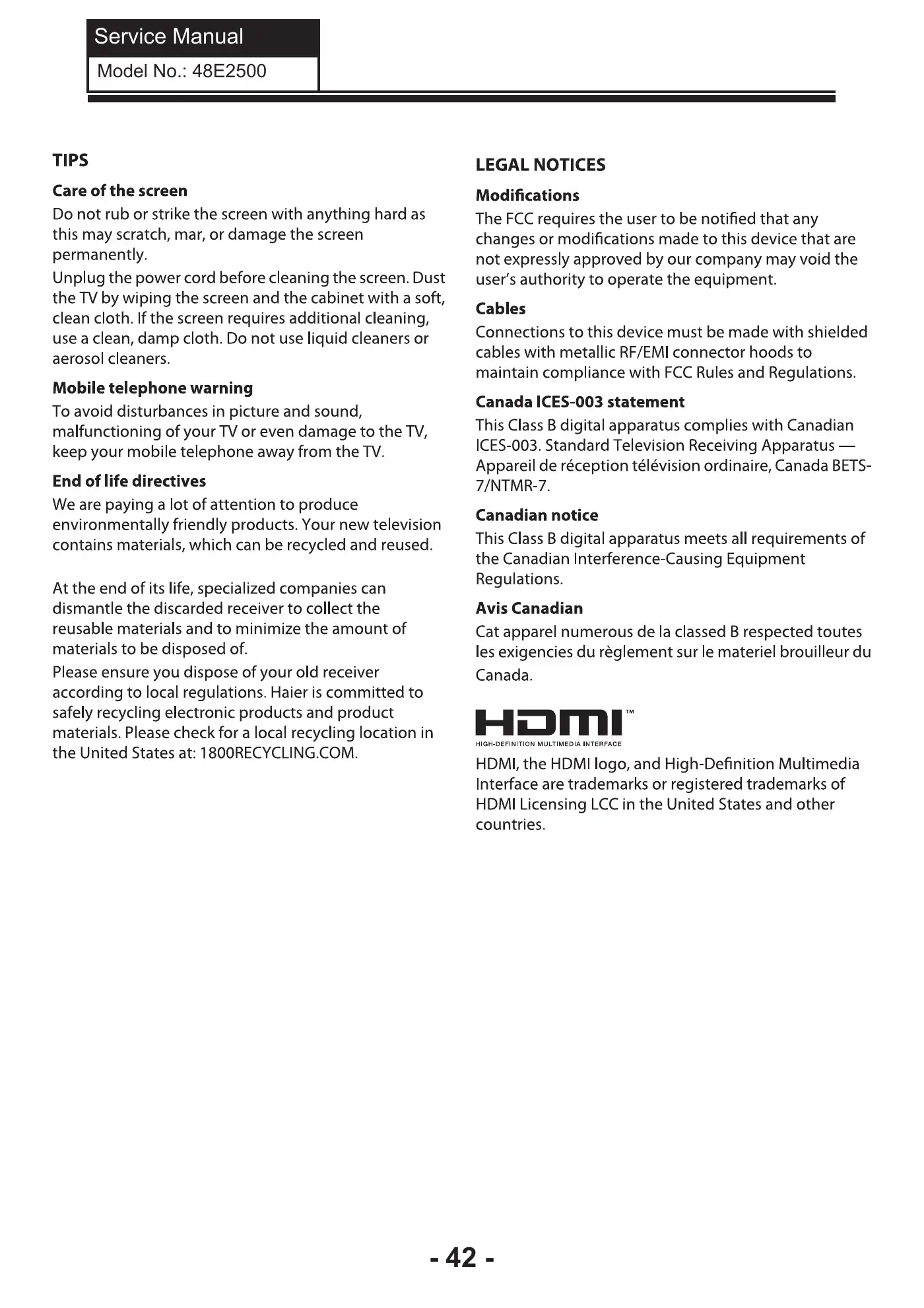 Haier 48E2500 Service Manual Manual pdf 43 page image