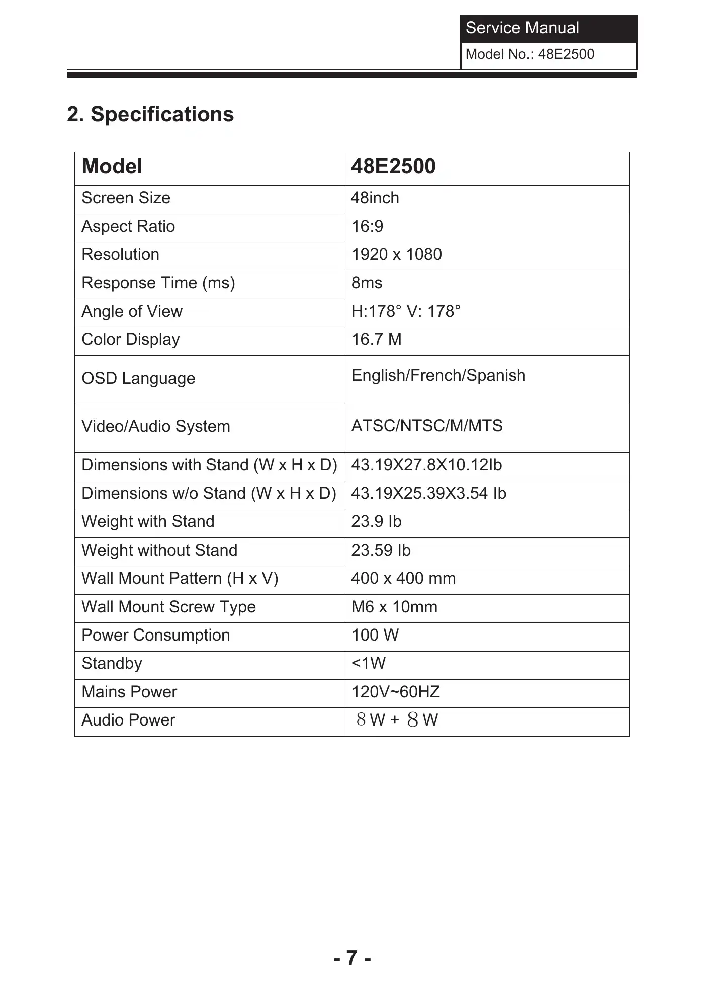 Haier 48E2500 Service Manual Manual pdf 8 page image