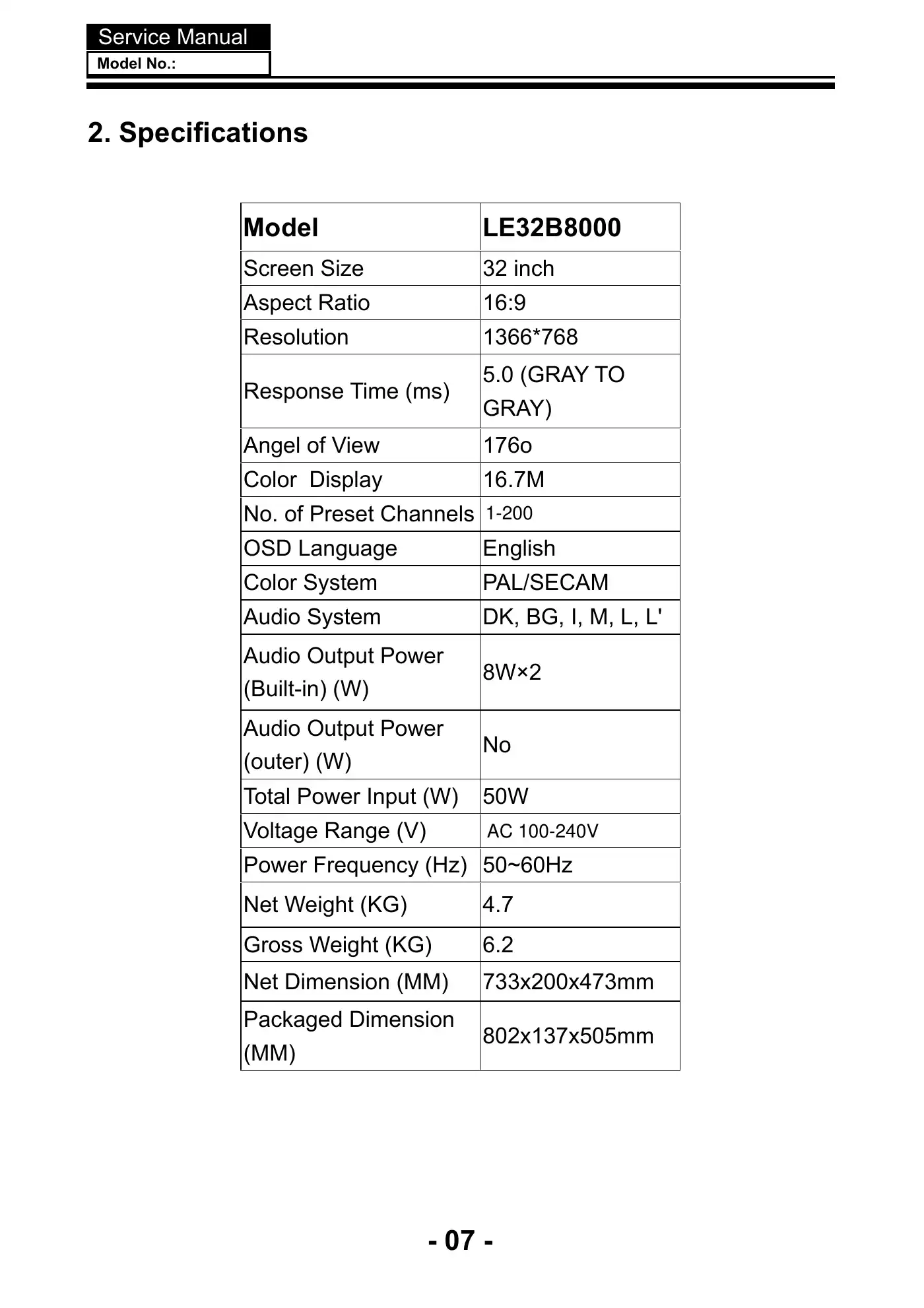Haier LE32B8000 Service Manual Manual pdf 8 page image