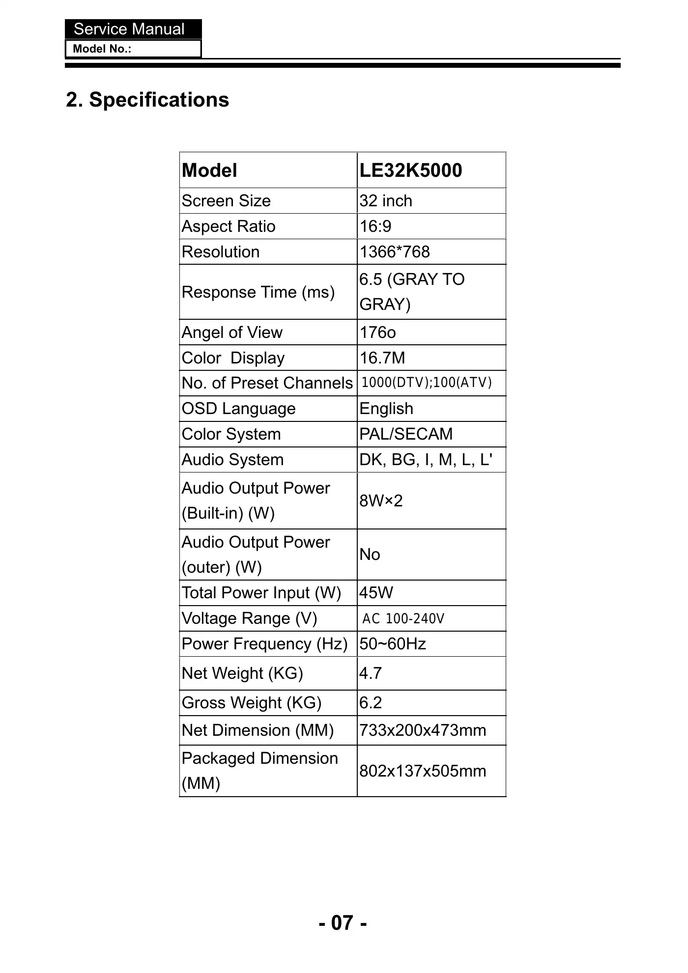 Haier LE32K5000 Service Manual Manual pdf 8 page image