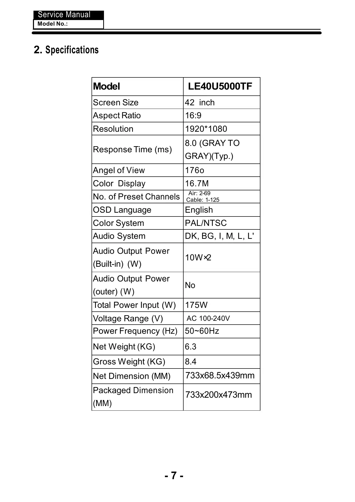 Haier LE40U5000TF Service Manual Manual pdf 8 page image