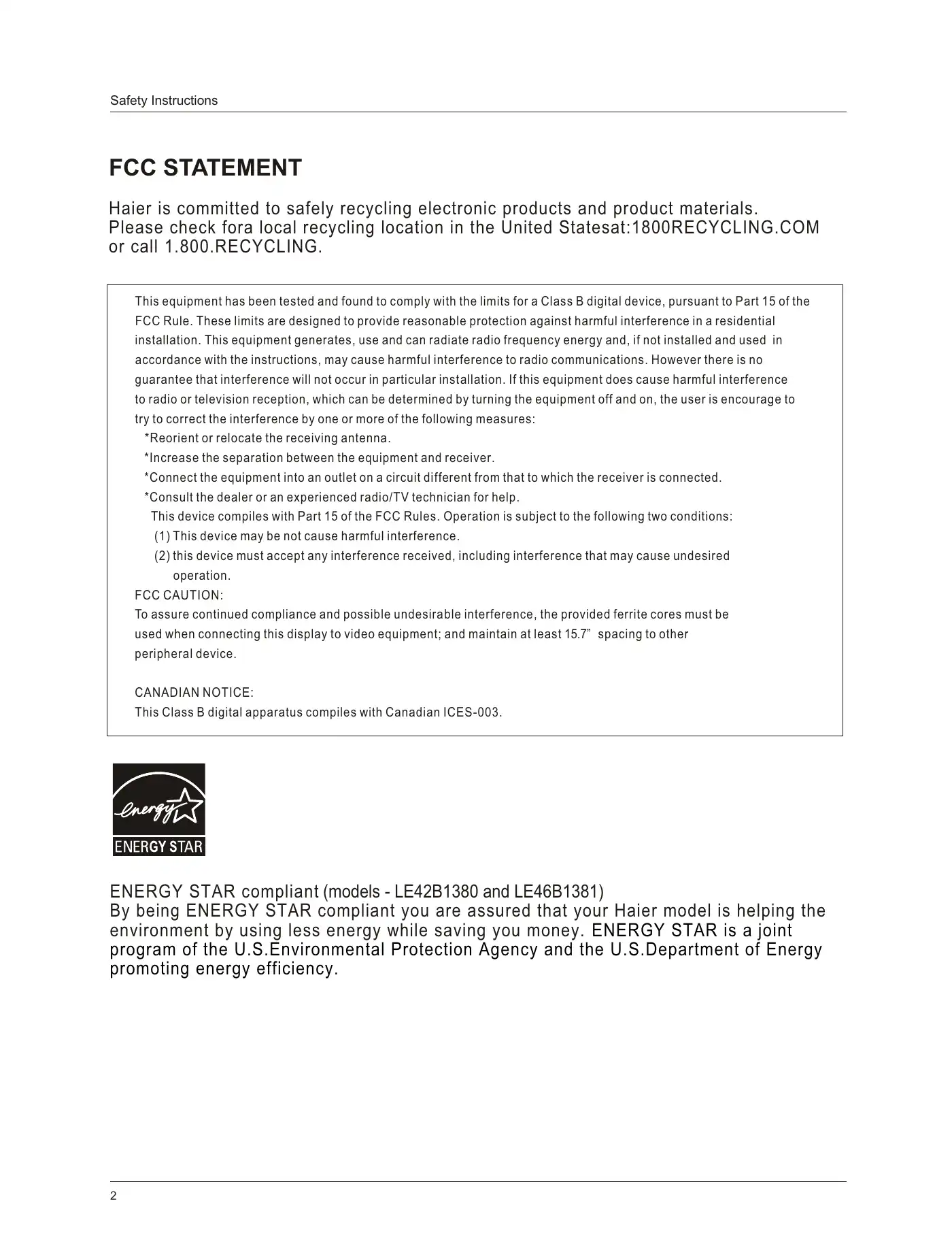 Haier LE42B1380 Owner's Manual Manual pdf 4 page image