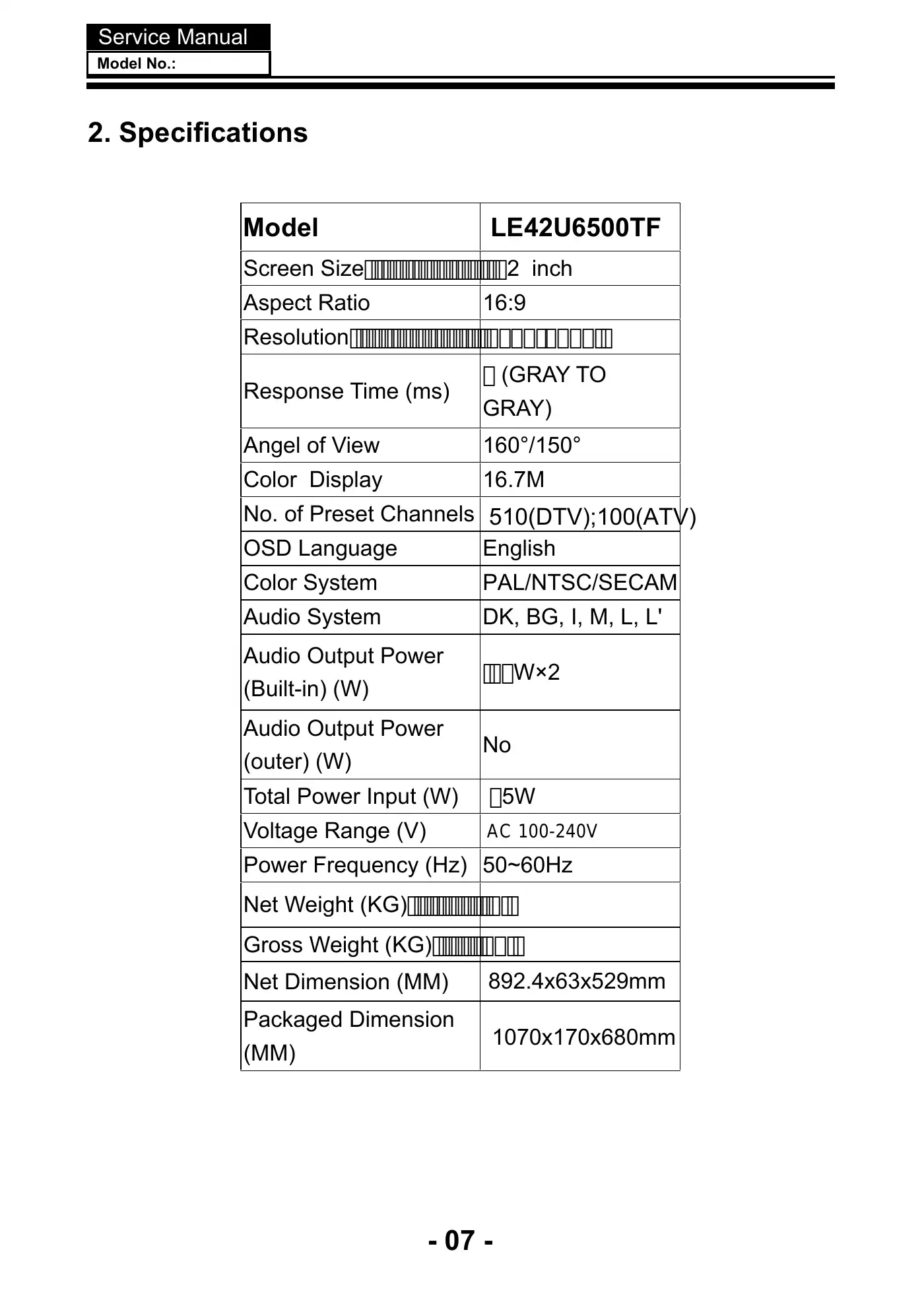 Haier LE42U6500TF Service Manual Manual pdf 8 page image