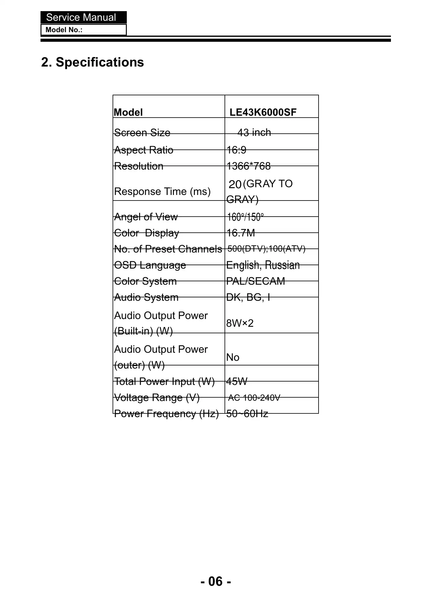 Haier LE43K6000SF Service Manual Manual pdf 7 page image