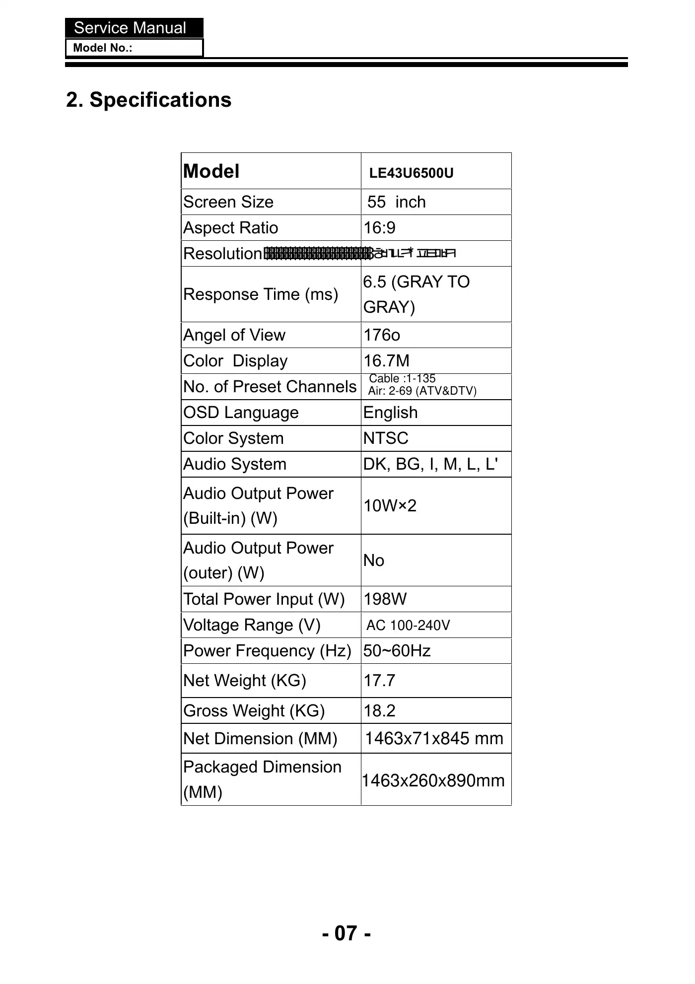 Haier LE43U6500U Service Manual Manual pdf 8 page image