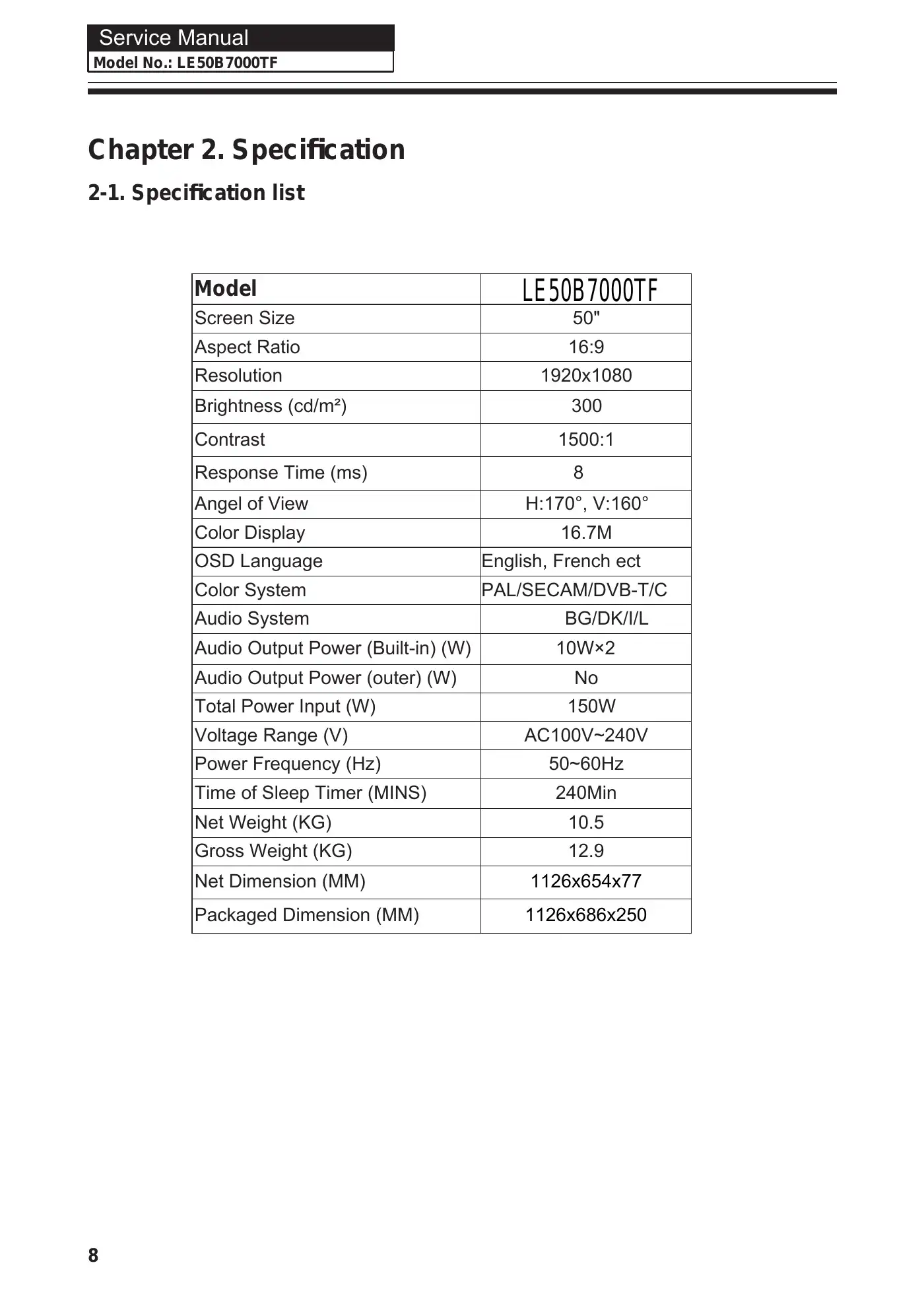 Haier LE50B7000TF Service Manual Manual pdf 9 page image