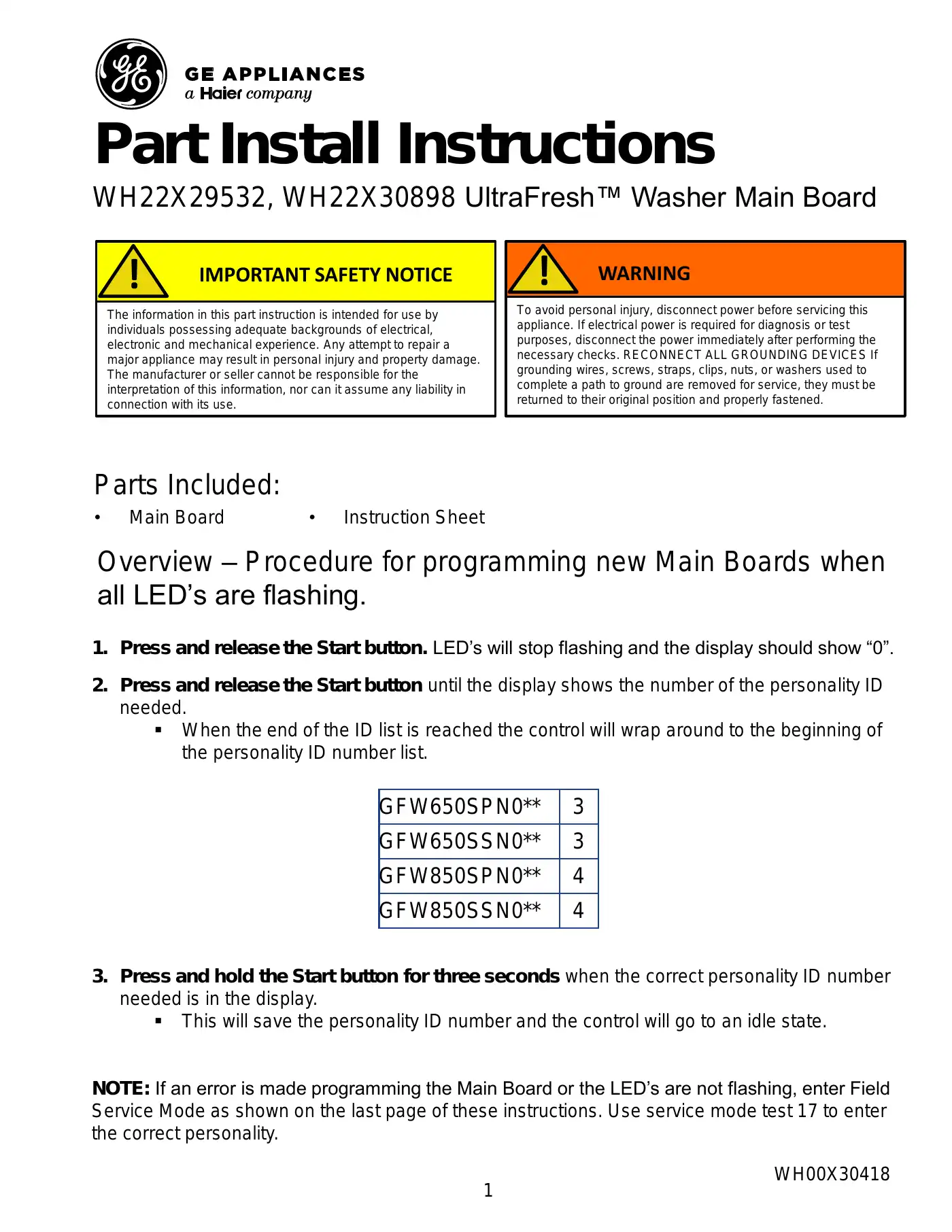 Haier GE APPLIANCES UltraFresh WH22X29532 Install Instructions Manual Manual pdf 1 page image