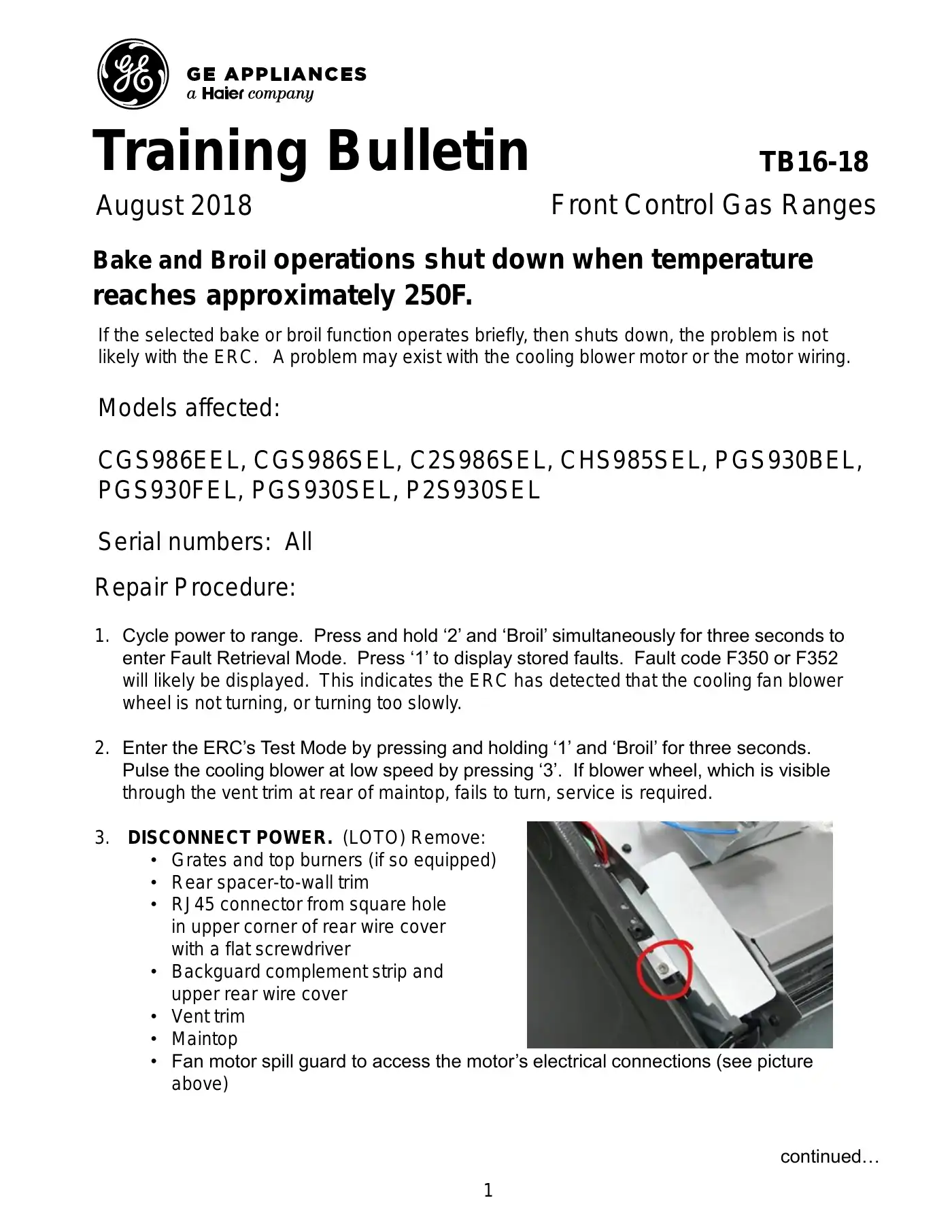 Haier GE CGS986EEL Training Bulletin Manual pdf 1 page image