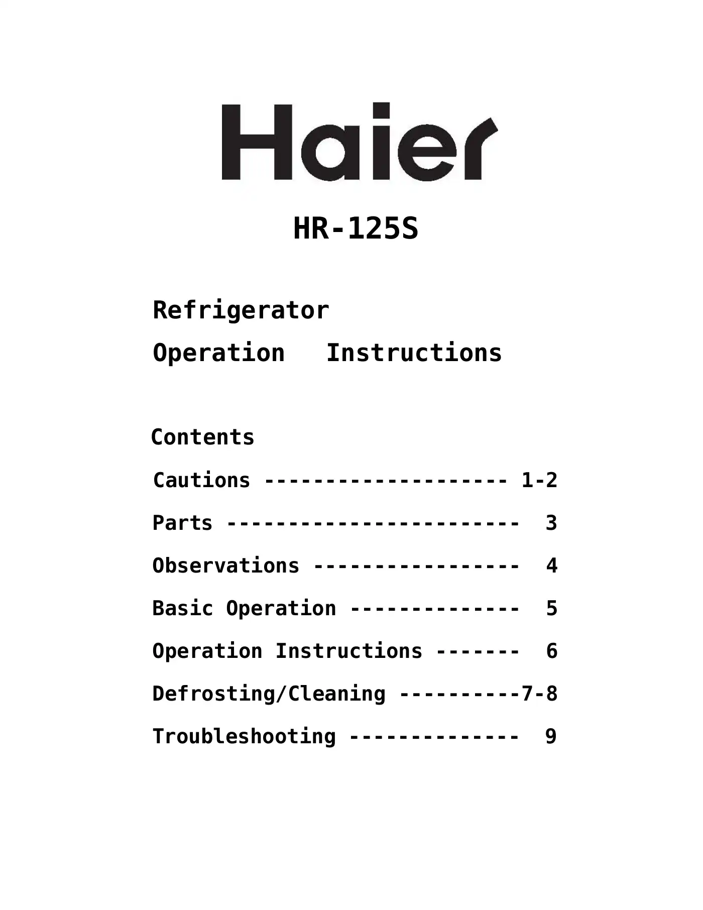 Haier HR-125 Operating Instructions Manual Manual pdf 1 page image