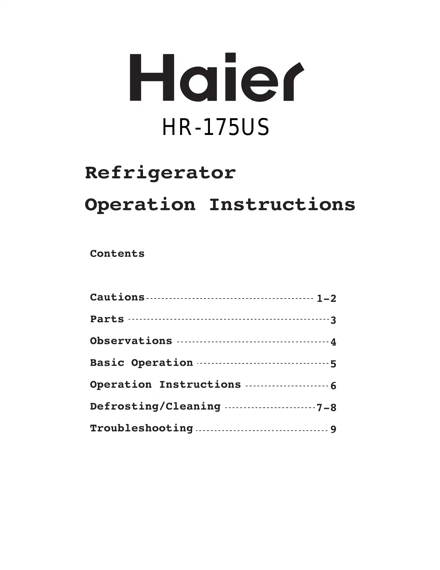Haier HR-175US User Manual Manual pdf 1 page image