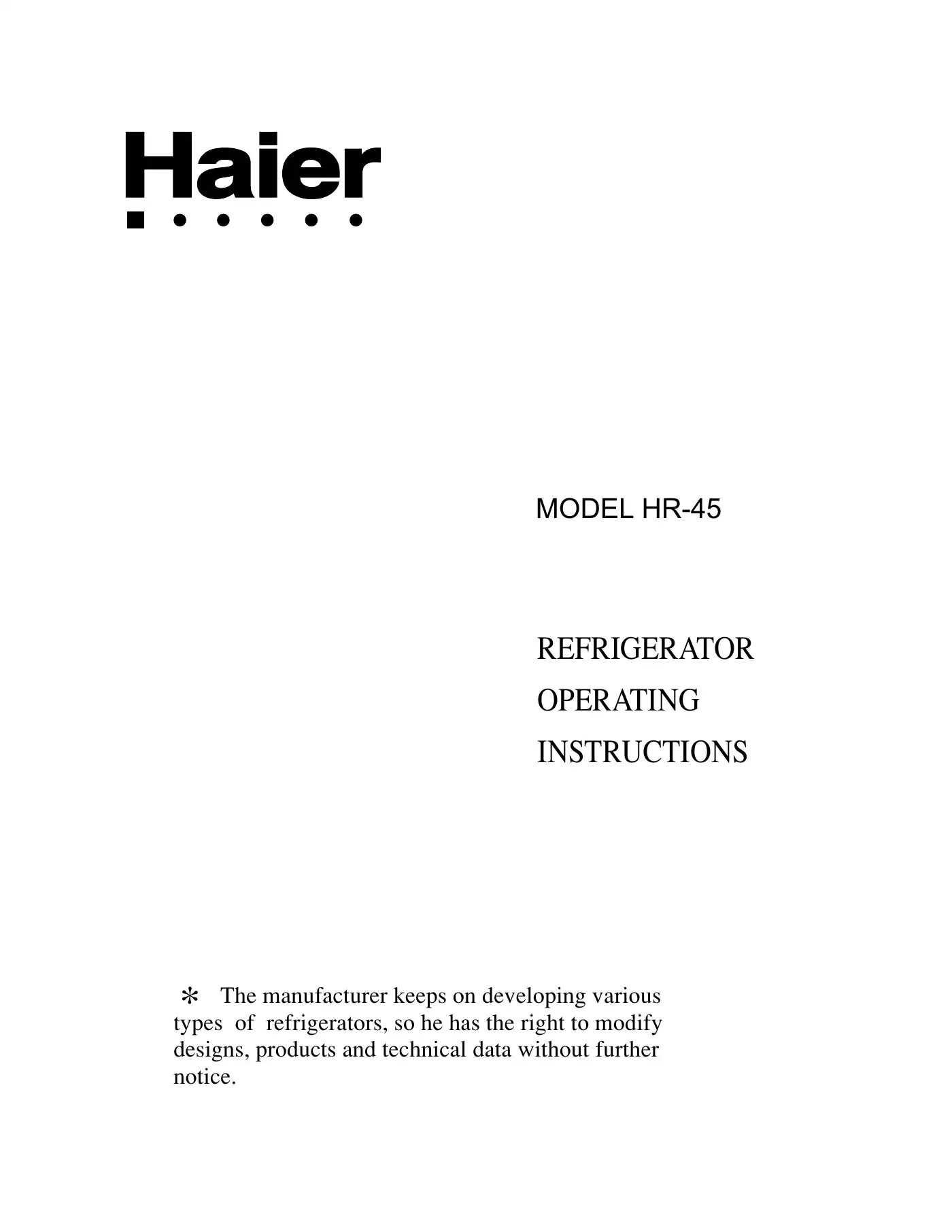 Haier HR-45 Operating Instructions Manual Manual pdf 1 page image