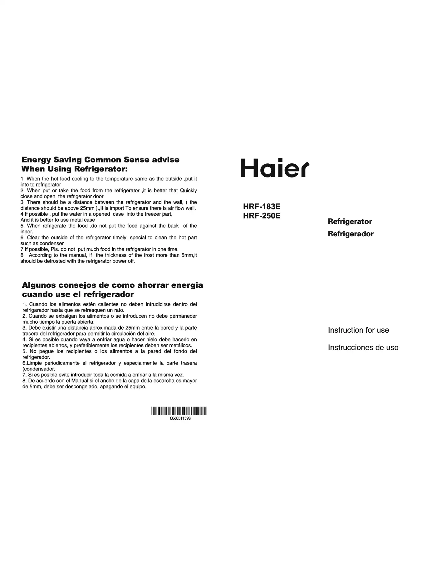 Haier HRF-250E Instructions For Use Manual Manual pdf 1 page image