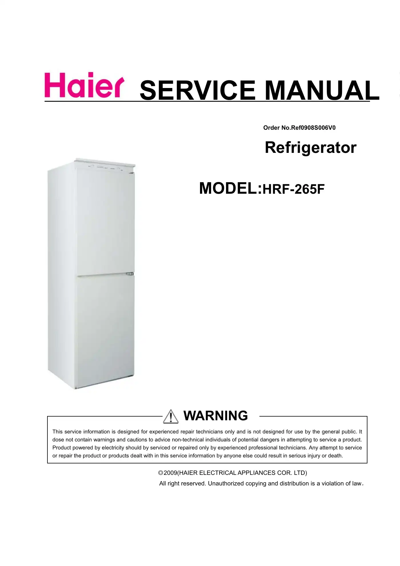 Haier HRF-265F Service Manual Manual pdf 1 page image