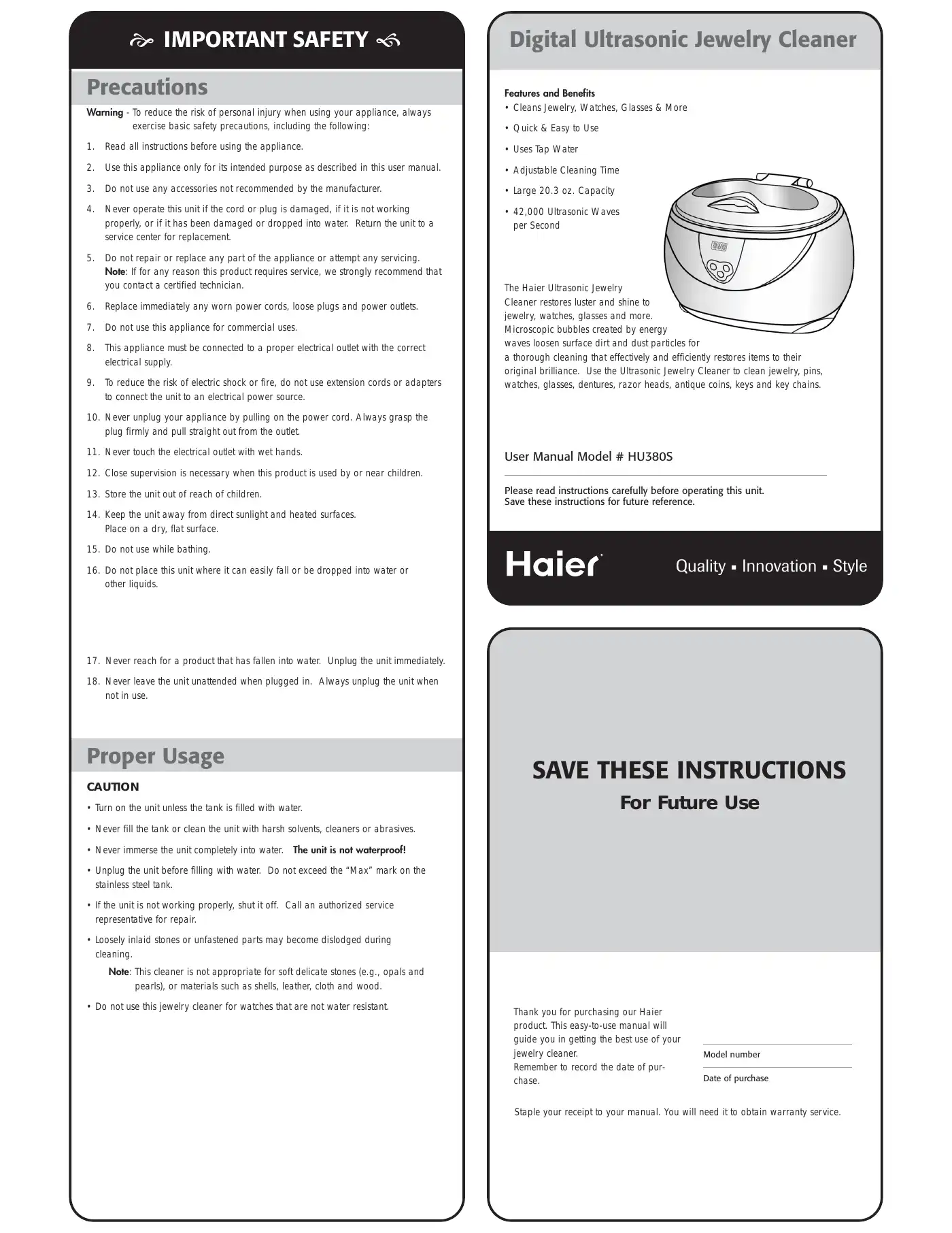 Haier HU380S Instructions Manual Manual pdf 1 page image