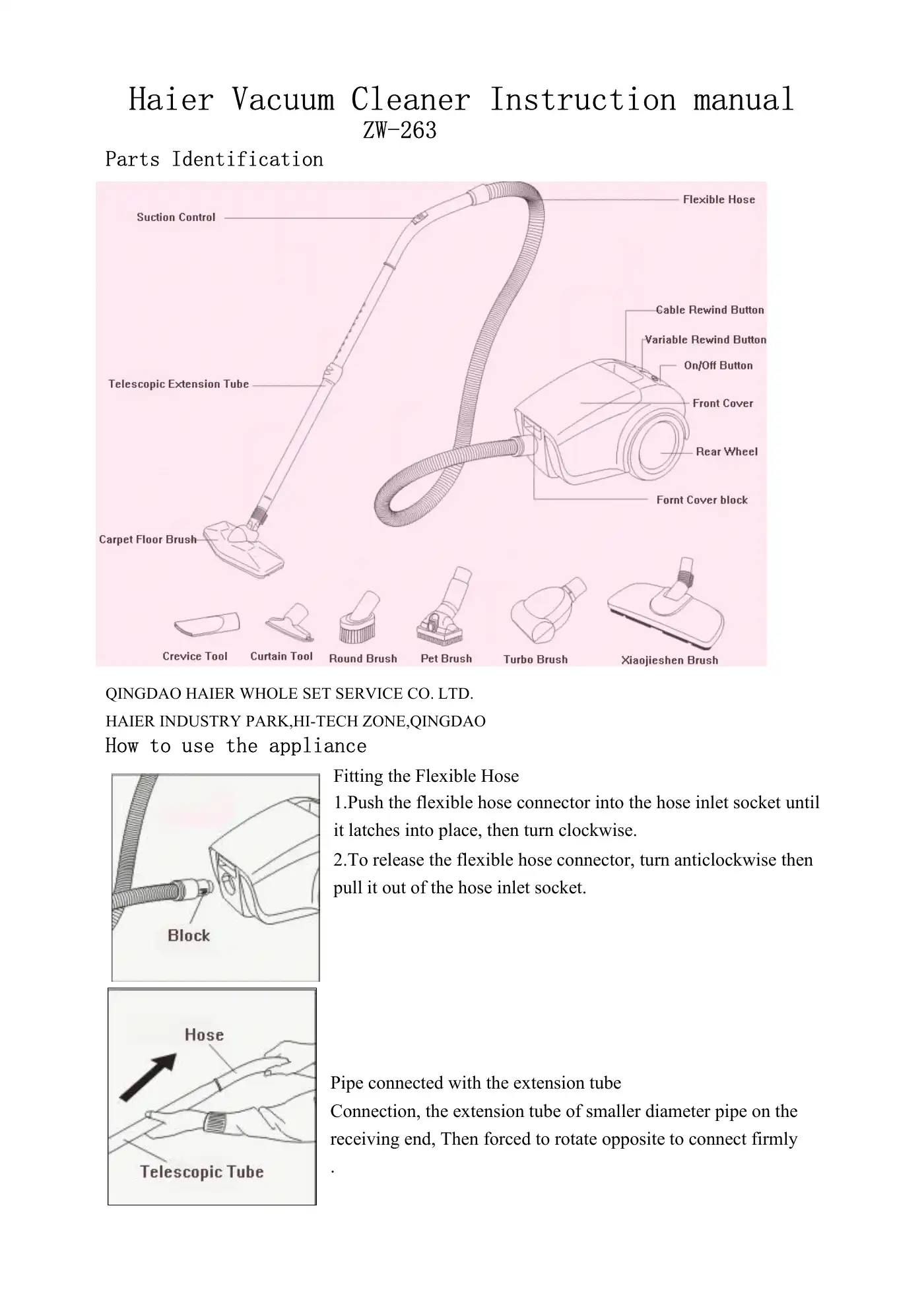 Haier ZW-263 Instruction Manual Manual pdf 1 page image