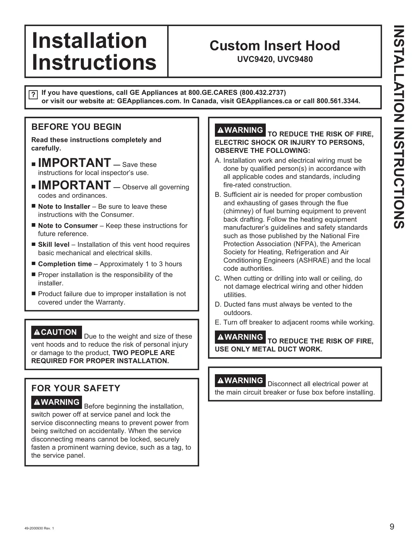 Haier GE UVC9420 Installation Instructions Manual Manual pdf 1 page image