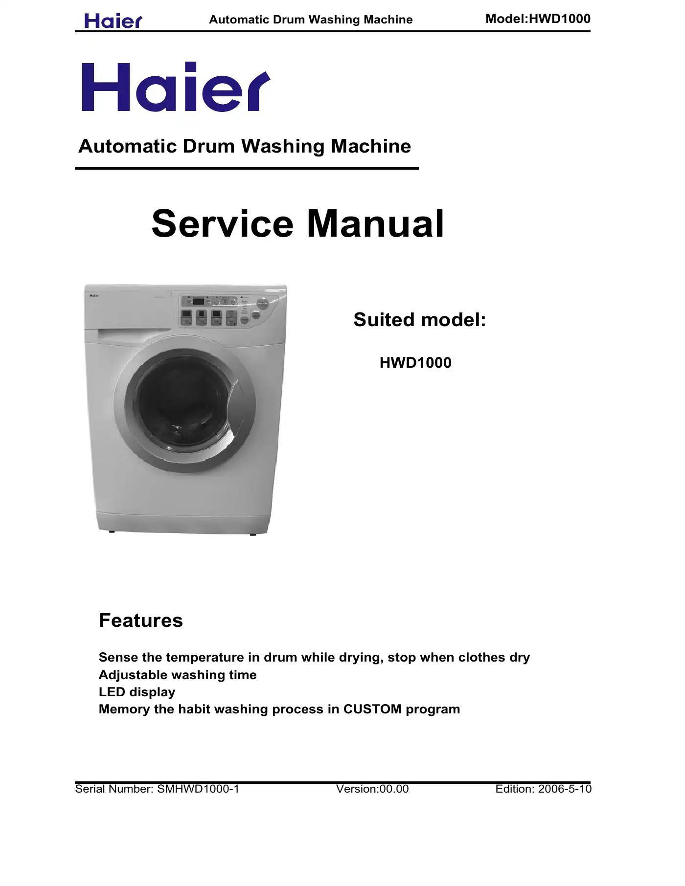 Haier HWD1000 Service Manual Manual pdf 1 page image