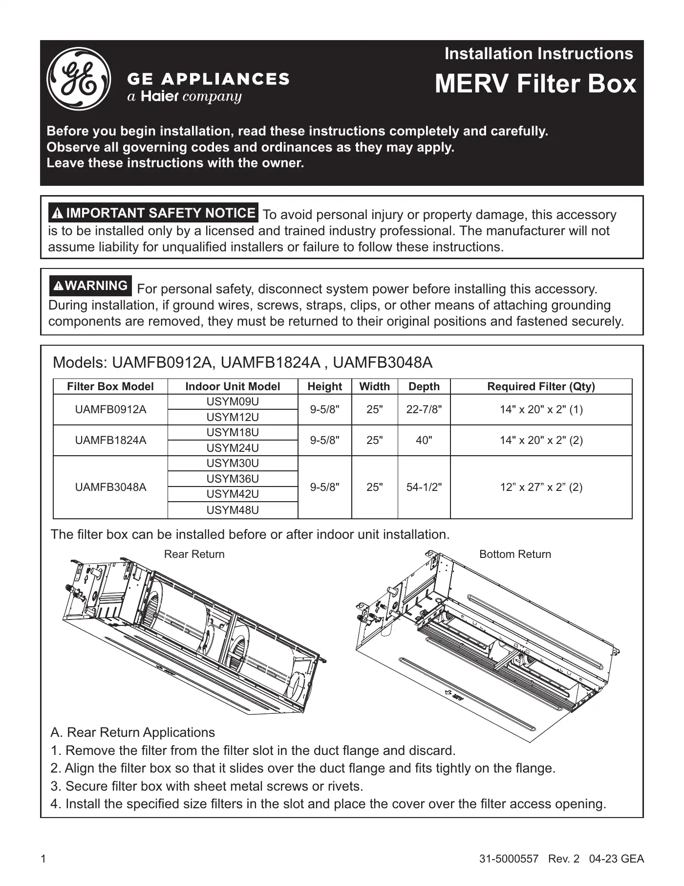 Haier GE UAMFB0912A Installation Instructions Manual Manual pdf 1 page image
