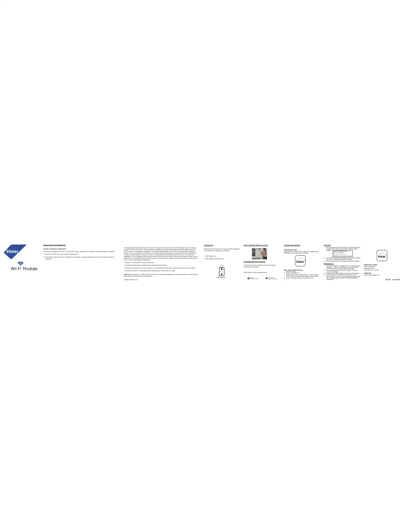 Haier QAWF01A Owner's Manual Manual pdf 1 page image