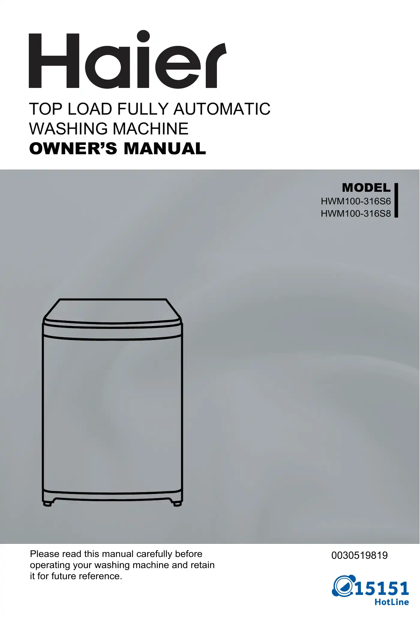 Haier HWM100-316S6 Owner's Manual Manual pdf 1 page image