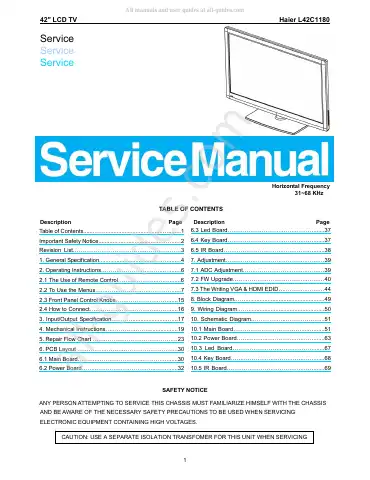 Haier L42C1180 Service Manual first page preview