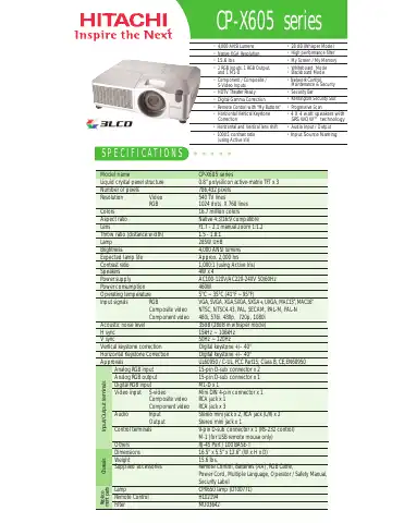 Hitachi 3LCD CP-X605 Specifications first page preview